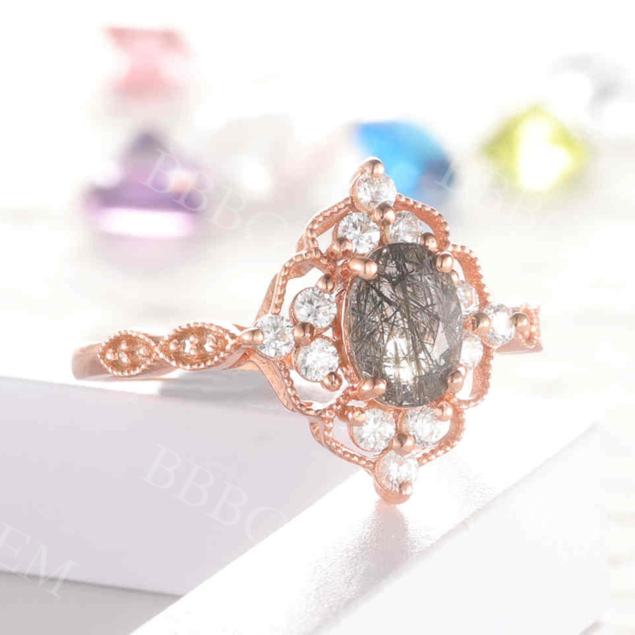 Vintage Black Rutilated Quartz Engagement Ring - Milgrain Filigree Leaf Flower Design - 925 Sterling Silver Wedding Band - Perfect for Romantic Proposals, Anniversary Gifts & Boho Bridal Jewelry