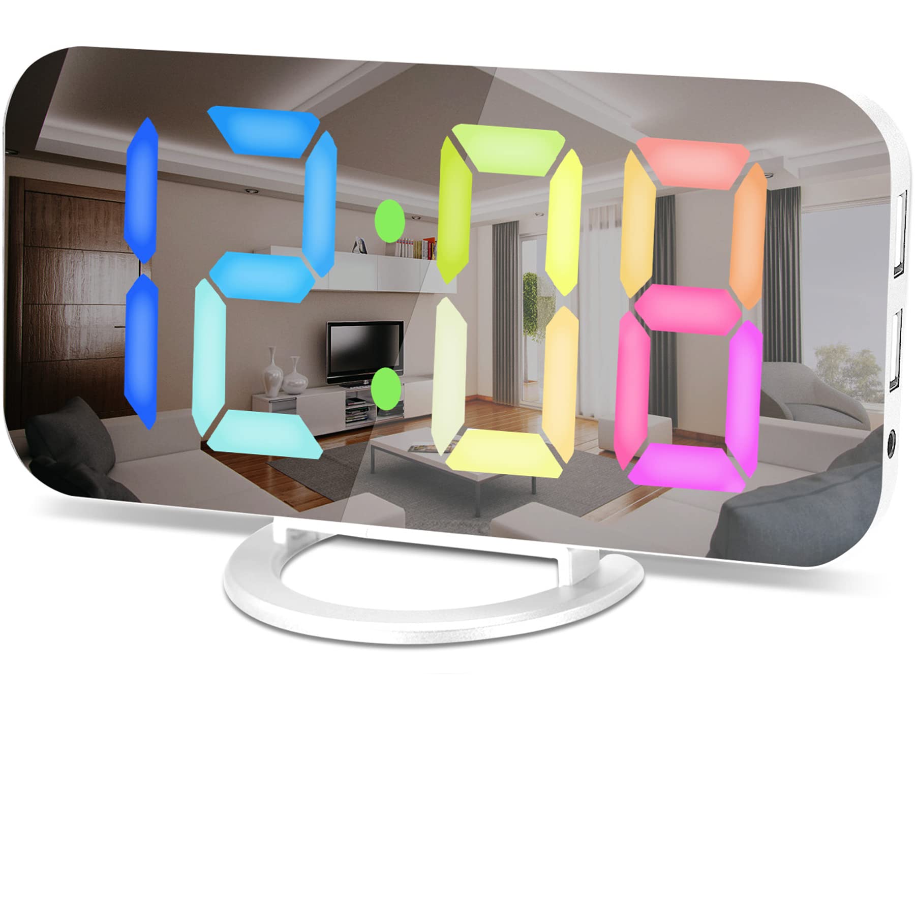 SZELAM Digital Alarm Clock with Large LED Display & Mirror Design - Dual USB Charger Ports, 12/24H Format, Auto Dimming - Modern Desk Clock for Bedroom, Home Office Decor (Multicolor) - Perfect for Nightstands, Dorm Rooms & Gift Giving