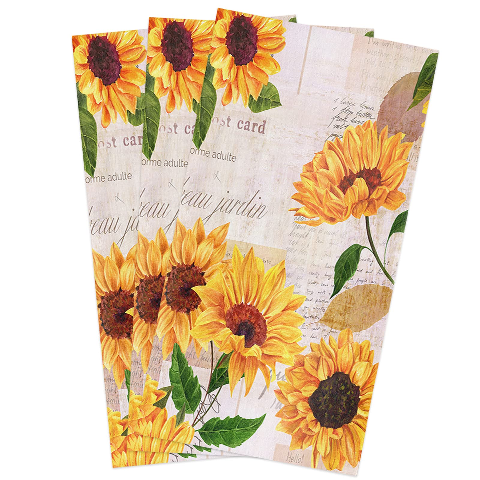 Vintage Sunflower Kitchen Towels Set of 3 - Absorbent Microfiber Dish Cloths, Rustic Yellow Floral Tea Towels for Drying & Cleaning - 18x28 Inch Decorative Kitchen Towels for Spring & Summer Decor, Dishwashing, Hand Drying & Home Decor