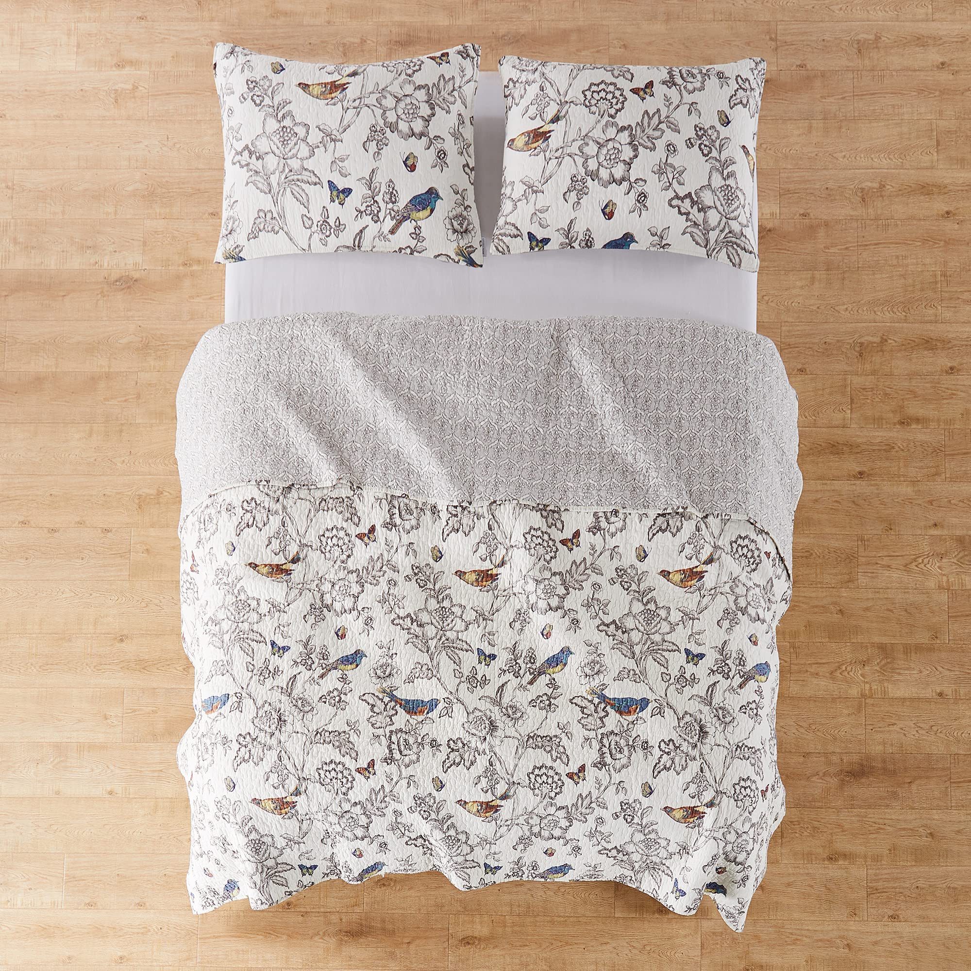 Levtex Home Mockingbird Quilt Set Full/Queen Size 88x92 Inches with 2 Standard Pillow Shams 26x20 Inches - Grey Toile Bird & Butterfly Print Reversible Cotton Bedding - Perfect for Guest Rooms, Master Bedrooms & Cozy Farmhouse Decor