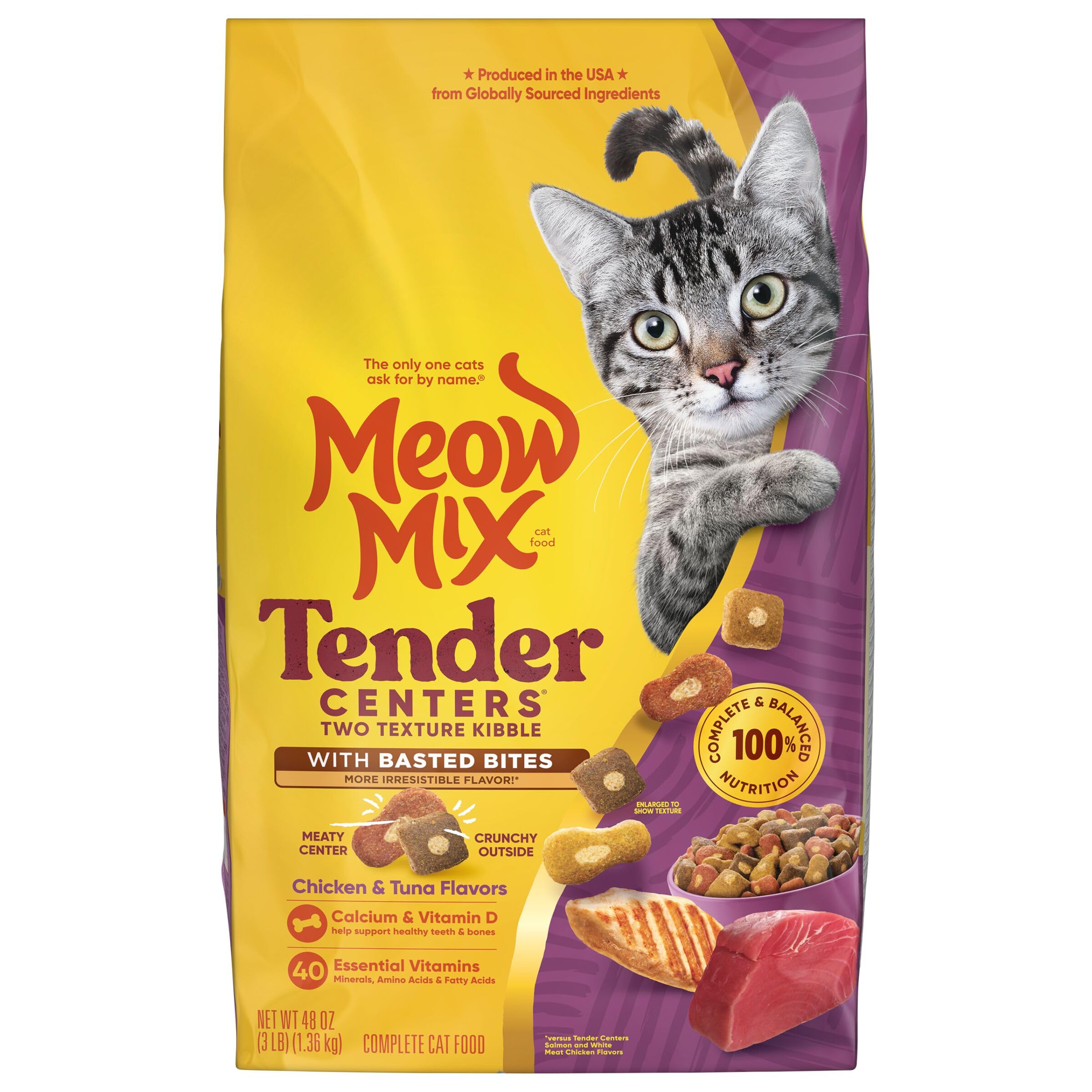 Meow Mix Tender Centers Basted Bites Chicken & Tuna Flavor Dry Cat Food - 3lb Bag, Crunchy Outside with Soft Meat Center - Perfect for Adult Cats & Kittens at Mealtime or as Treats