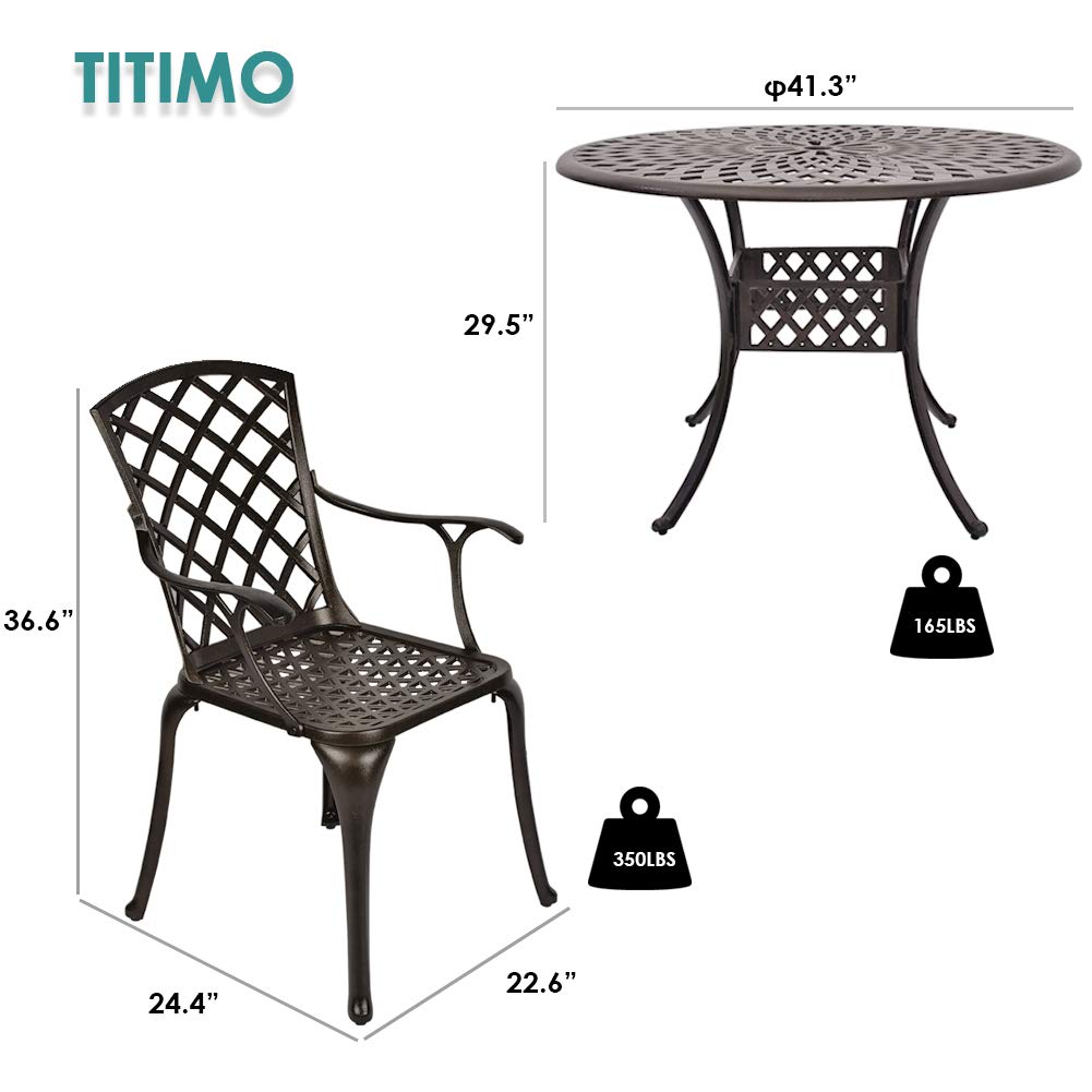 TITIMO 5-Piece Outdoor Patio Dining Set - All-Weather Cast Aluminum Furniture with 4 Chairs & 1 Round Table | Umbrella Hole, Lattice Weave Design | Perfect for Garden, Deck, Backyard & Poolside Dining