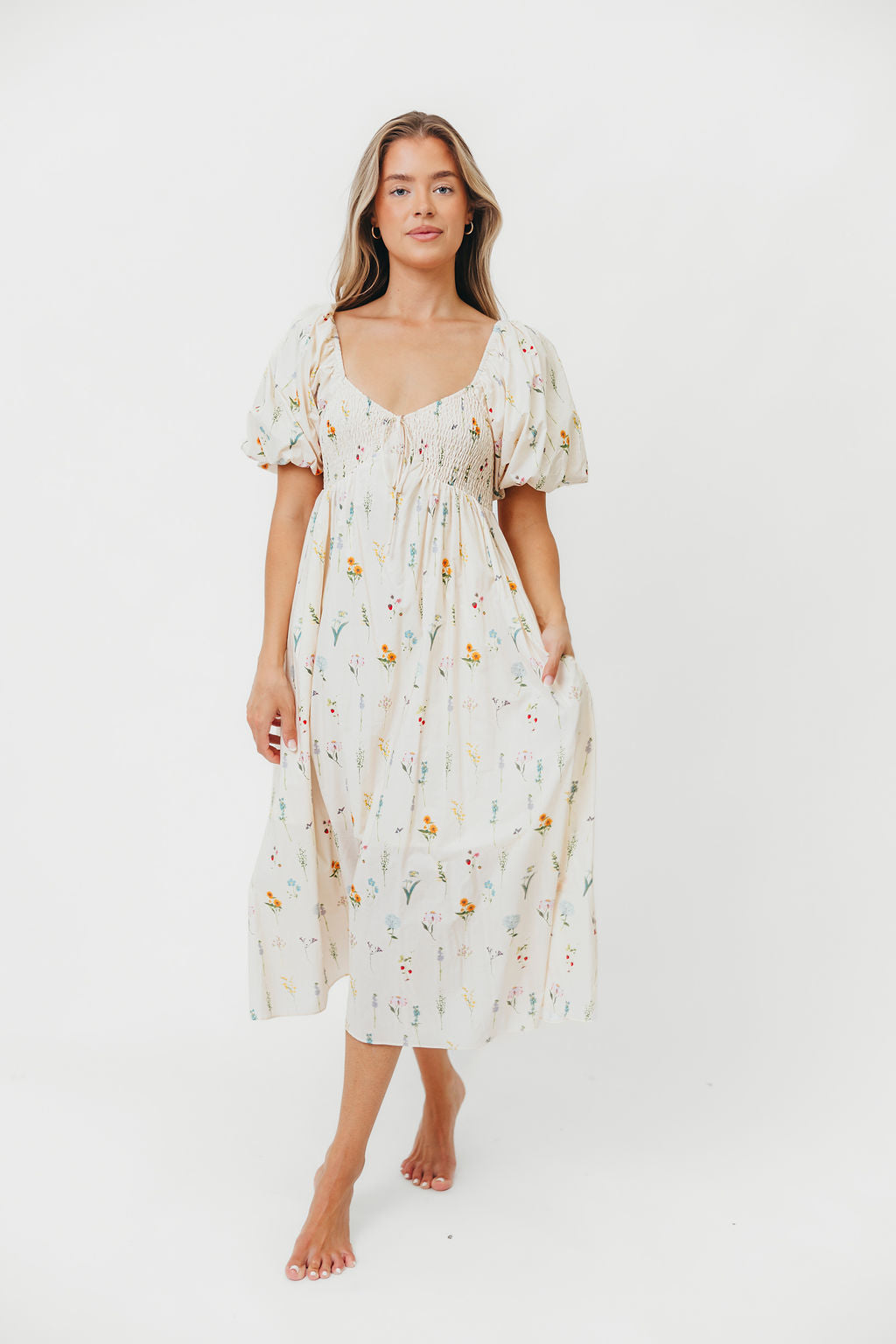 Magnolia Smocked Floral Midi Dress with Adjustable Tie - Perfect for Spring Weddings, Garden Parties & Summer Vacations