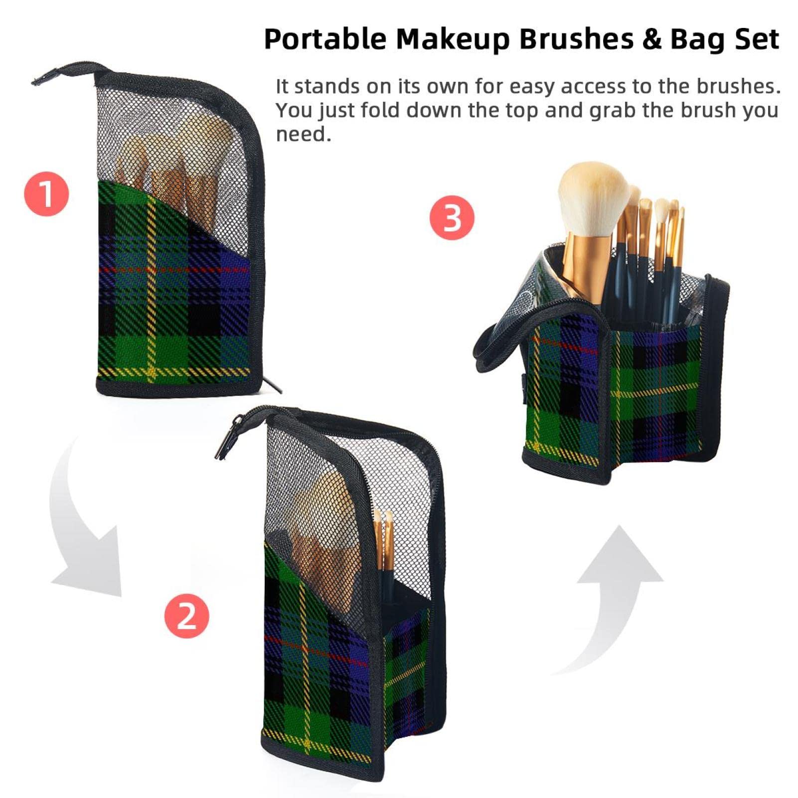 12-Piece Makeup Brush Organizer Bag with Classic Purple & Green Plaid Pattern - Portable Travel Cosmetic Brush Holder Case for Professional Makeup Artists & Beginners (Perfect for Travel, Home Vanity & Salon Use)