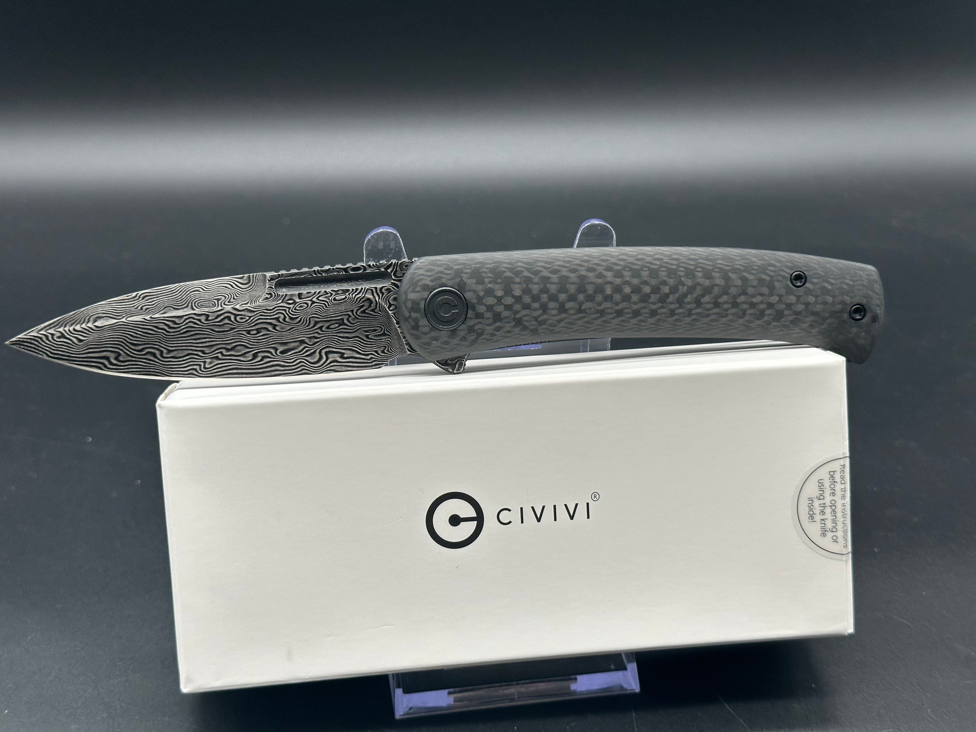 Civivi Caetus Folding Knife - Black Hand-Rubbed Damascus Blade & Twill Carbon Fiber Handle - EDC Pocket Knife for Outdoor, Camping, and Everyday Carry