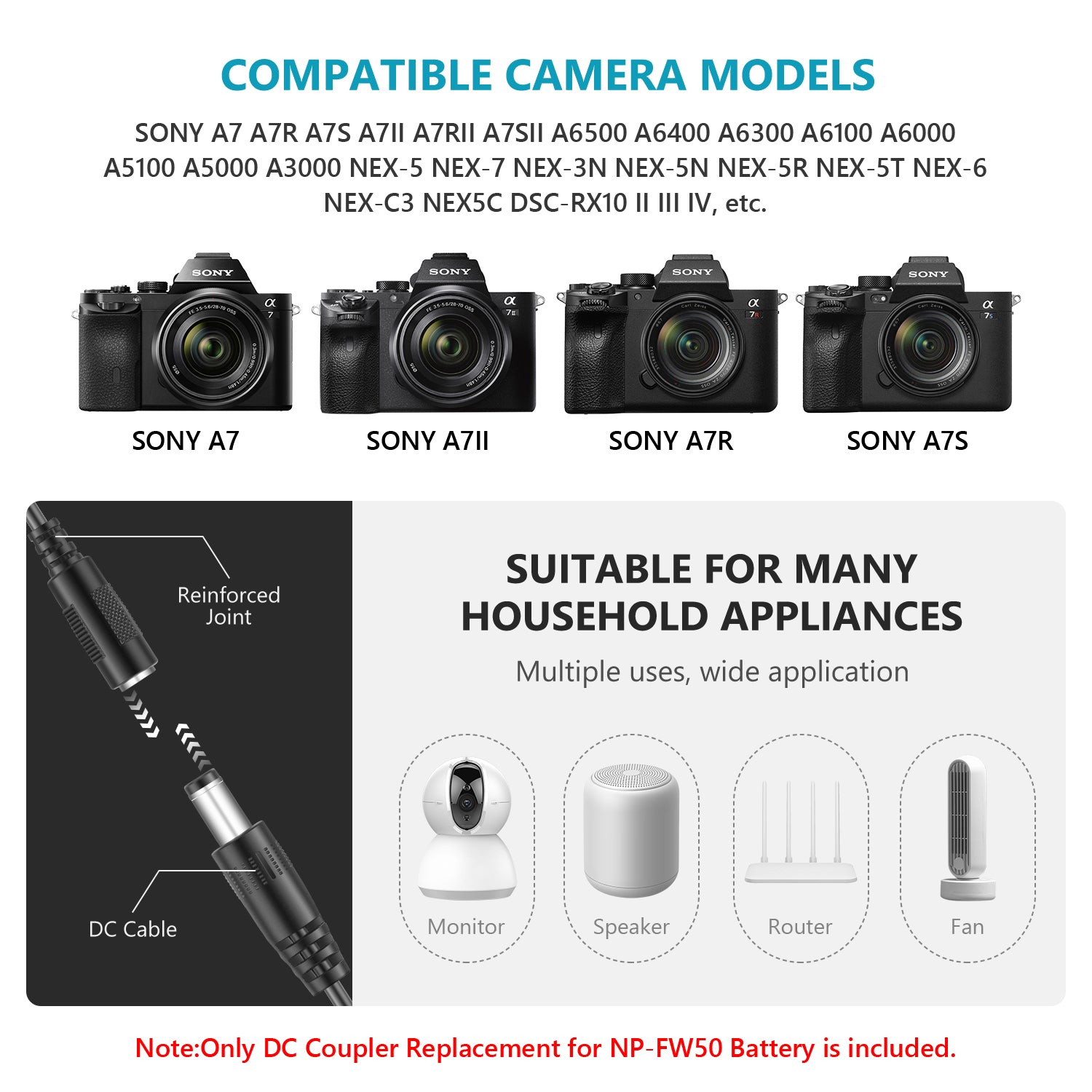 NEEWER DC NP-FW50 Dummy Battery for Sony Cameras - Power Adapter Replacement for Continuous Shooting & Video Recording - Perfect for Sony A7, A9, A6000 Series & More
