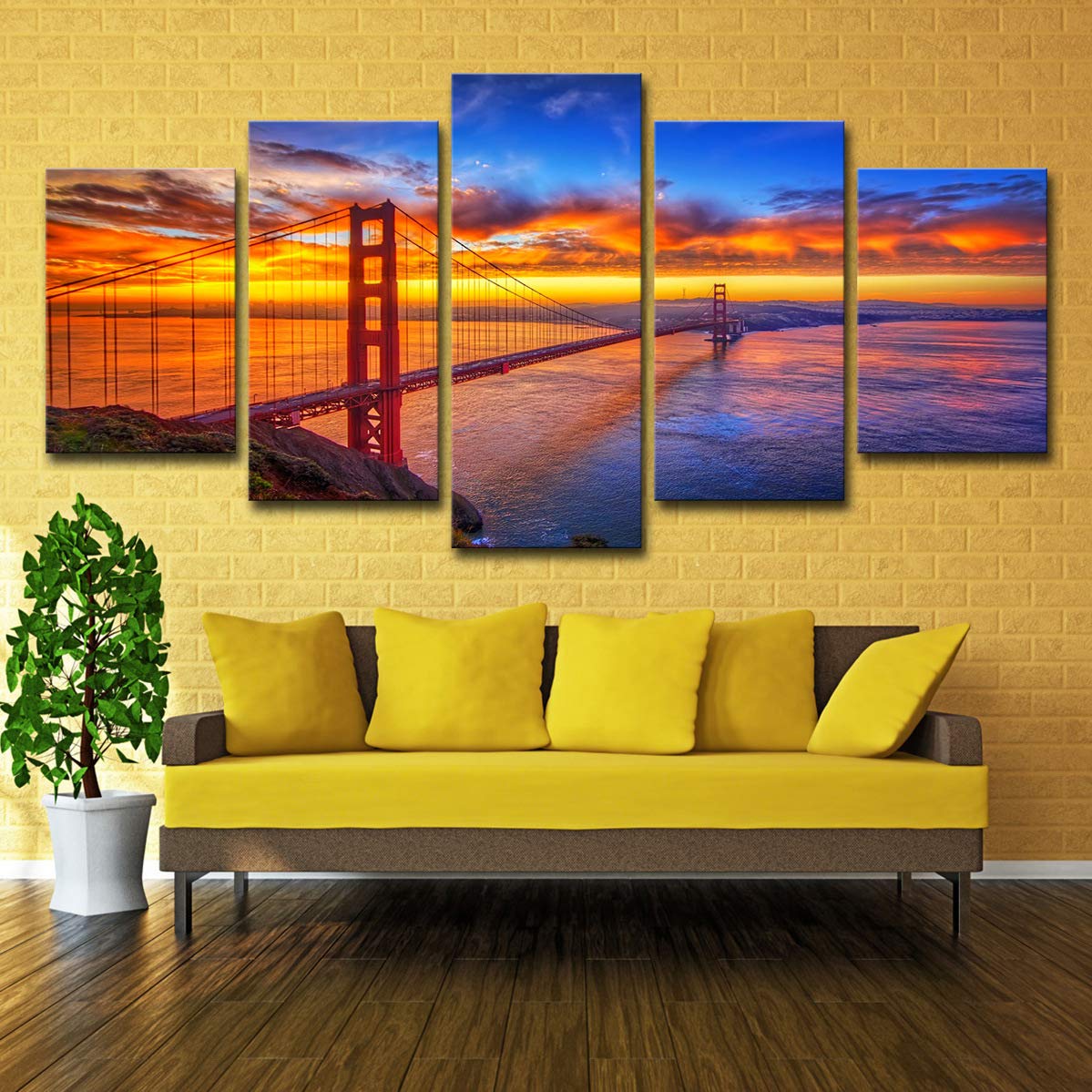 5 Panels Modern Canvas Wall Art - Golden Gate Bridge at Sunrise San Francisco Cityscape Landscape Print - Giclee Artwork for Living Room, Bedroom & Office Decor - Home & Wall Decoration Gift Idea