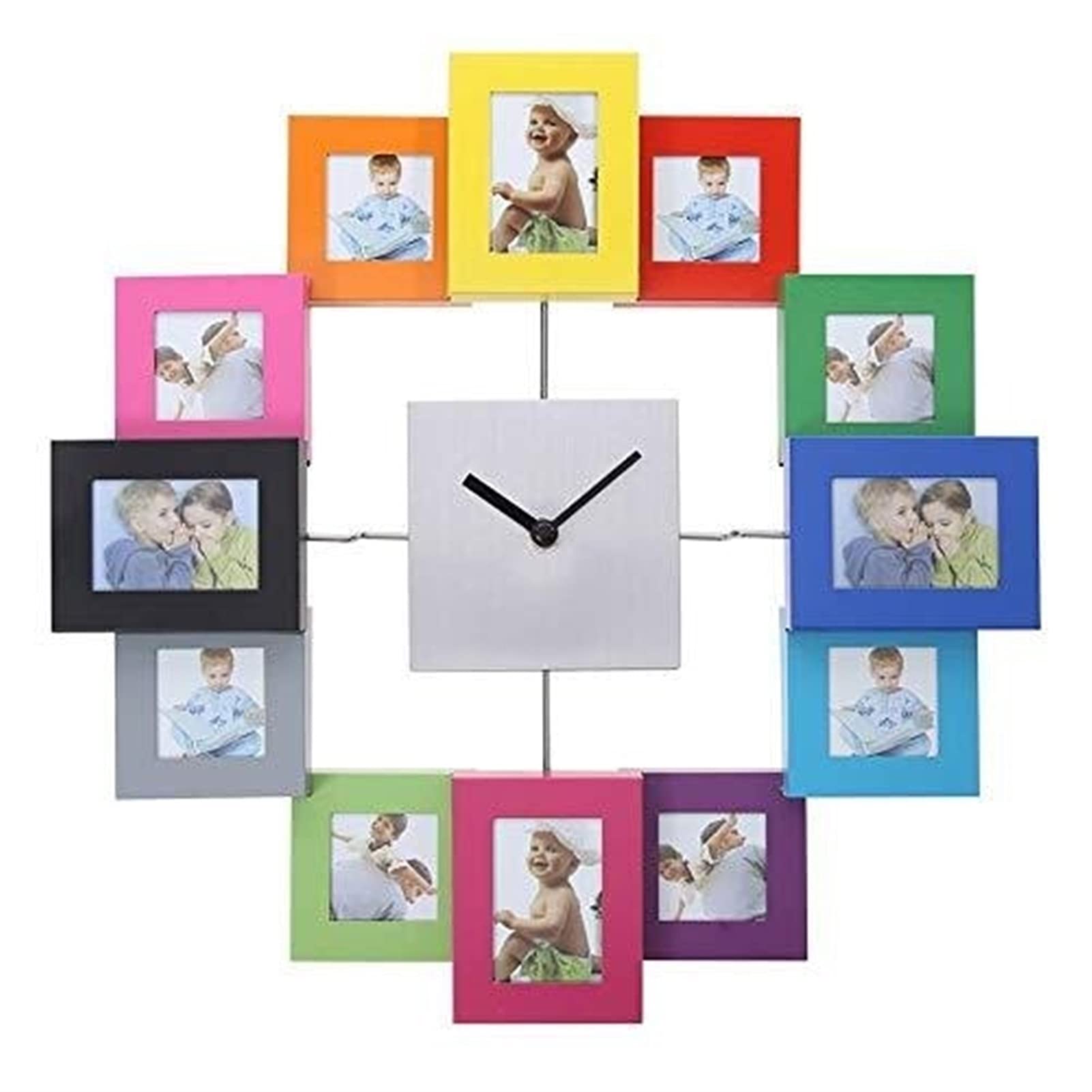 Wall Clock with Photo Frame - MGE UPS Systems Multi Picture Aperture Clock in Aluminum Silver | Perfect for Home, Office & Gift Giving