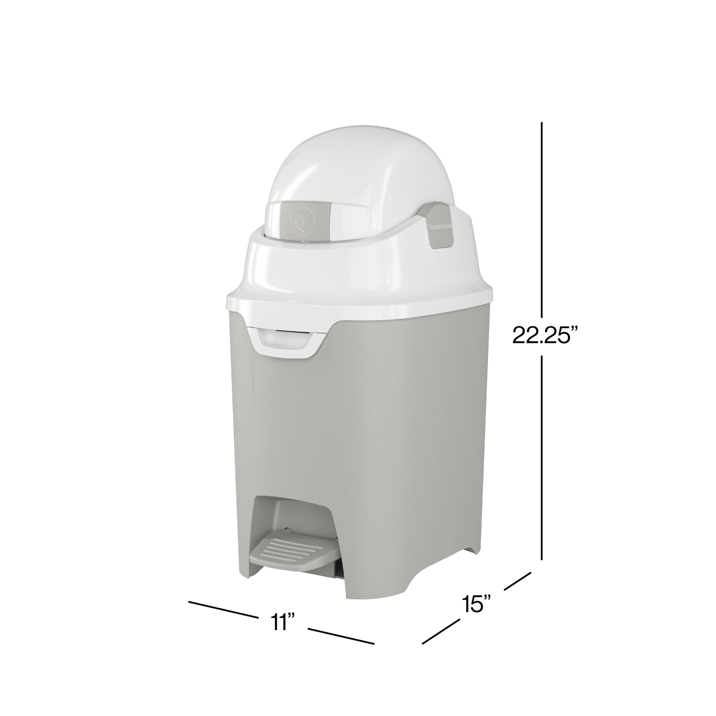 Foundations Mini Hands-Free Diaper Pail with Airtight Lid - Odorless Diaper Disposal System, Large Capacity Holds 30+ Newborn Diapers, Works with Any Refill Bags (Gray) - Perfect for Nursery, Baby Room & Diaper Changing Stations