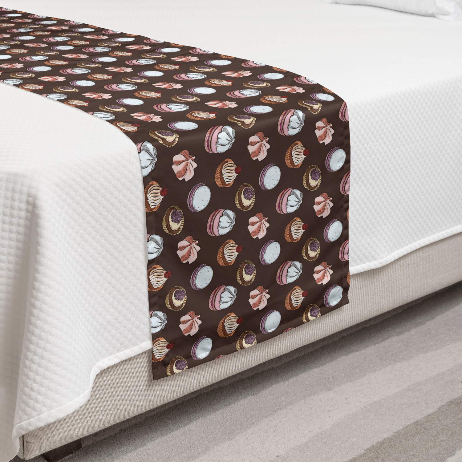 Ambesonne Dessert Bed Runner - Digital Sketches of Cupcakes & Cakes with Frosting, Decorative Bed Scarf for Hotels, Homes & Guest Rooms - Dark Taupe Multicolor | Perfect for Bedroom Decor, Wedding Gift & Luxury Bedding Accent