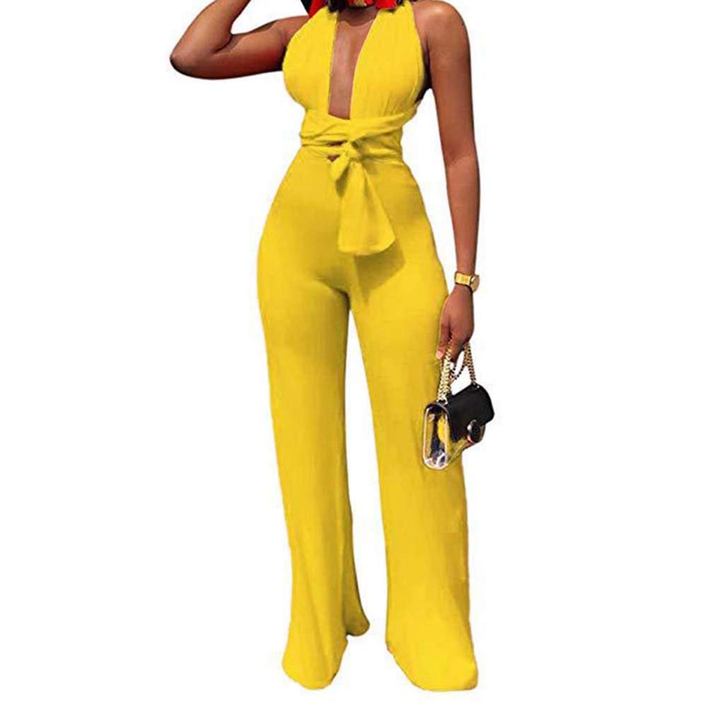 TOPUNDER Women's Summer Sexy Strap V-Neck Jumpsuit with Waistband & Lace-Up Detail - Casual Outfit for Beach, Party & Date Night