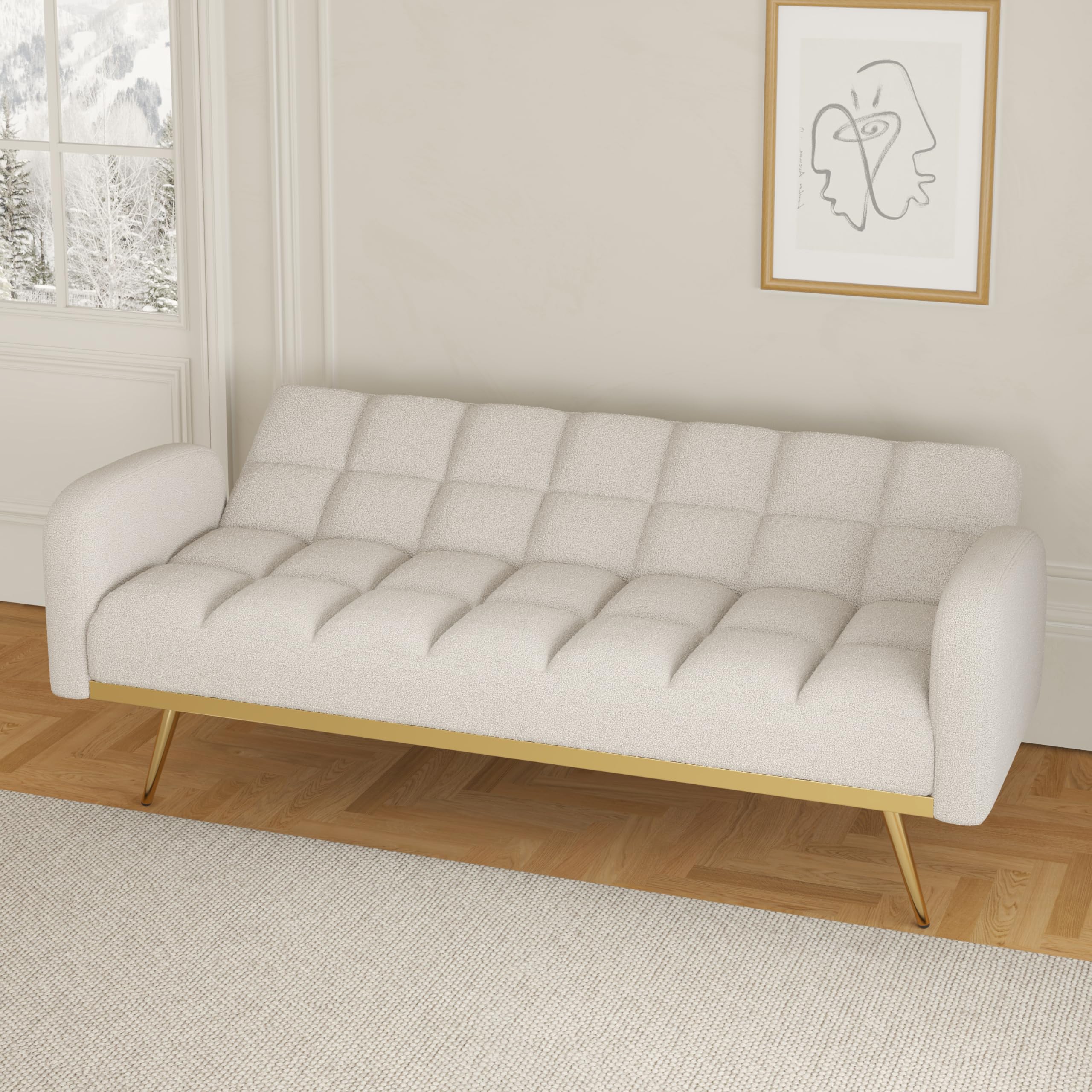 Verfur Teddy Fleece Sleeper Futon Couch with Golden Metal Legs & Adjustable Backrest - Convertible Loveseat Sofa Bed for Living Room, Bedroom & Small Spaces - Cozy Daybed, Foldable Sofa Couch for Napping, Guest Sleeping & Relaxing