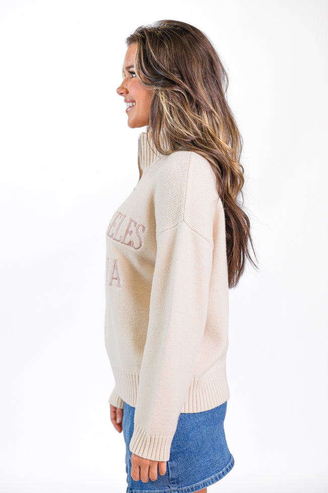 Roll With It Beige Los Angeles Embroidered Quarter Zip Sweater - Cozy Pullover for Women | Casual Fall & Winter Fashion | Perfect for Streetwear, Travel & Coffee Dates