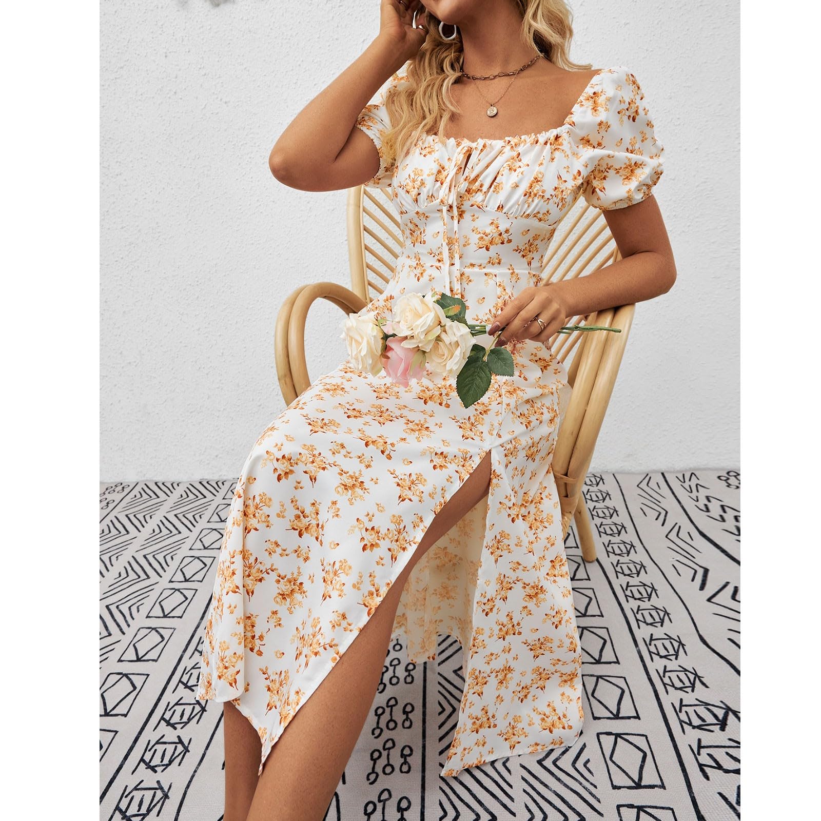 2025 Women's Summer Dresses - Puff Short Sleeve Long Boho Floral Dress with Square Neck & Thigh Split | Perfect for Beach Vacations, Music Festivals & Casual Outings