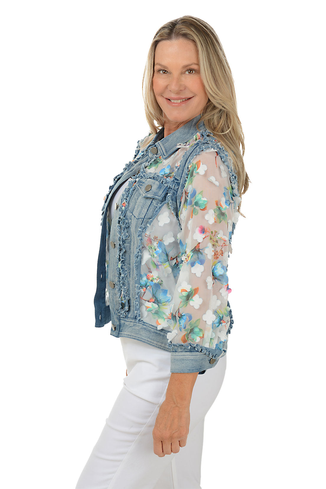 Blue Floral Sheer Denim Jacket for Women - Lightweight Spring Summer Fashion - Perfect for Casual Outings, Music Festivals & Date Nights