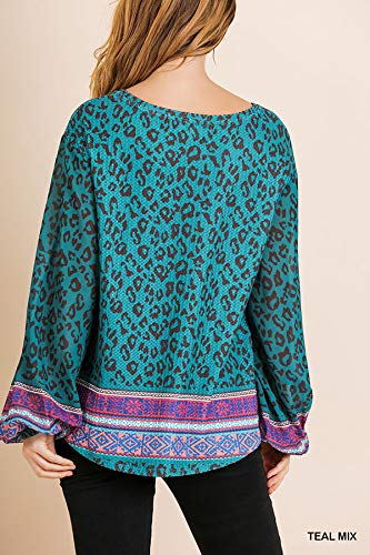 Umgee Women's Scarf Print Waffle Knit Top - Soft Long Sleeve Blouse for Fall & Winter | Casual Office Wear, Layering Piece, Date Night Outfit