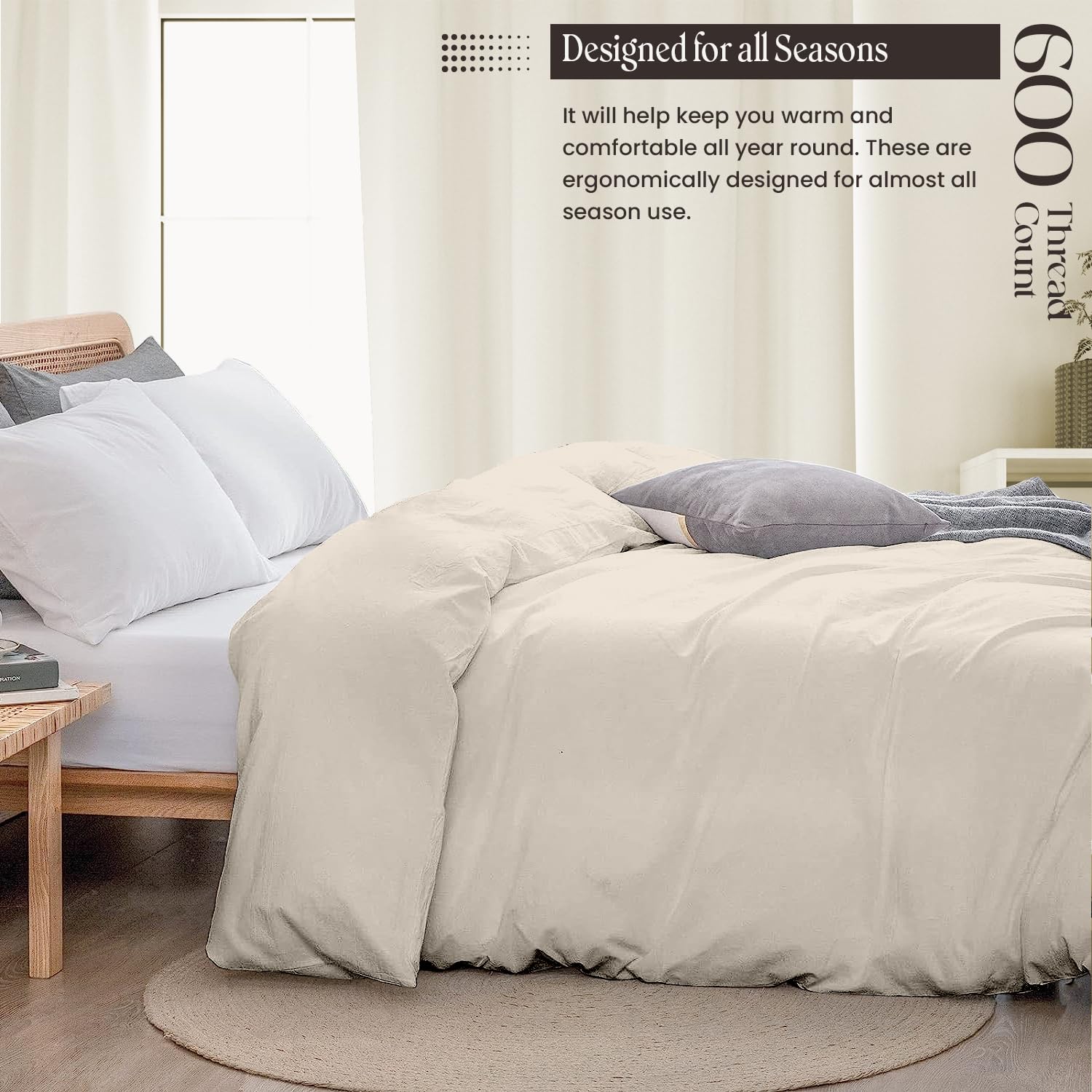 Premium 600 Thread Count King/Cal King Duvet Cover Set - 3 Piece Soft & Breathable Cooling Bedding with Zipper Closure & Corner Ties (1 Duvet + 2 Pillow Shams) - Cream White Luxury Bedroom Decor for Master Suite or Guest Room