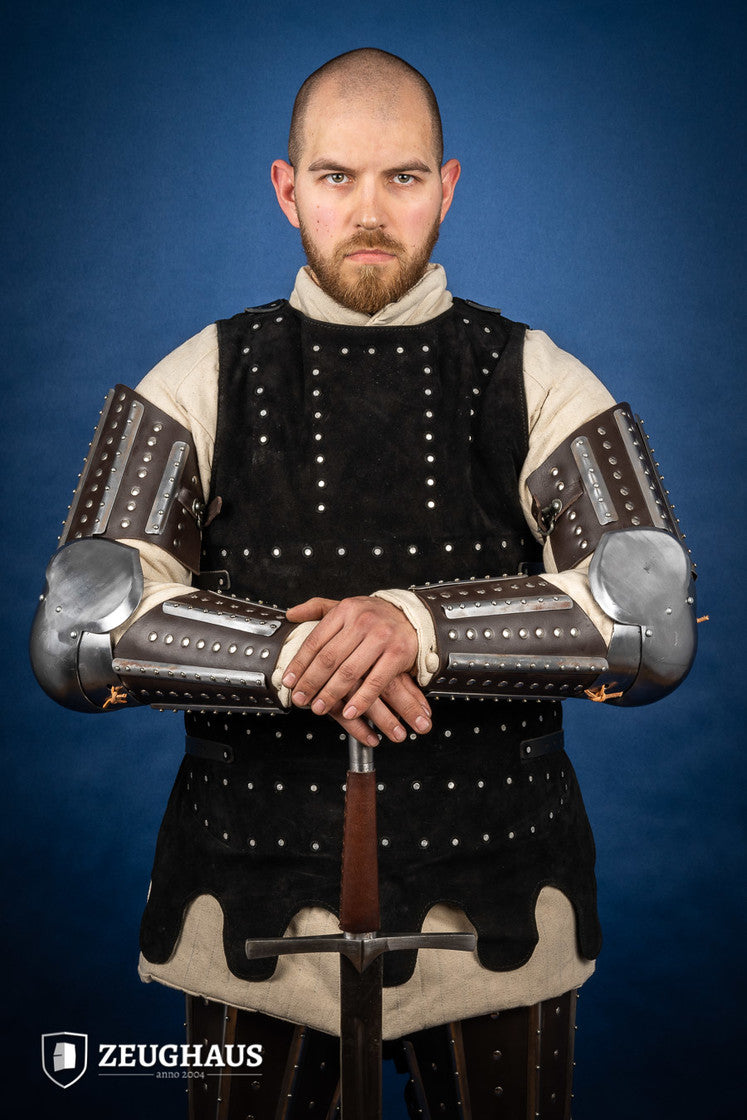 Medieval Splinted Arm Armor - Brown Leather Bracer for LARP, Cosplay & Renaissance Faires - Authentic Knight Armor Replica