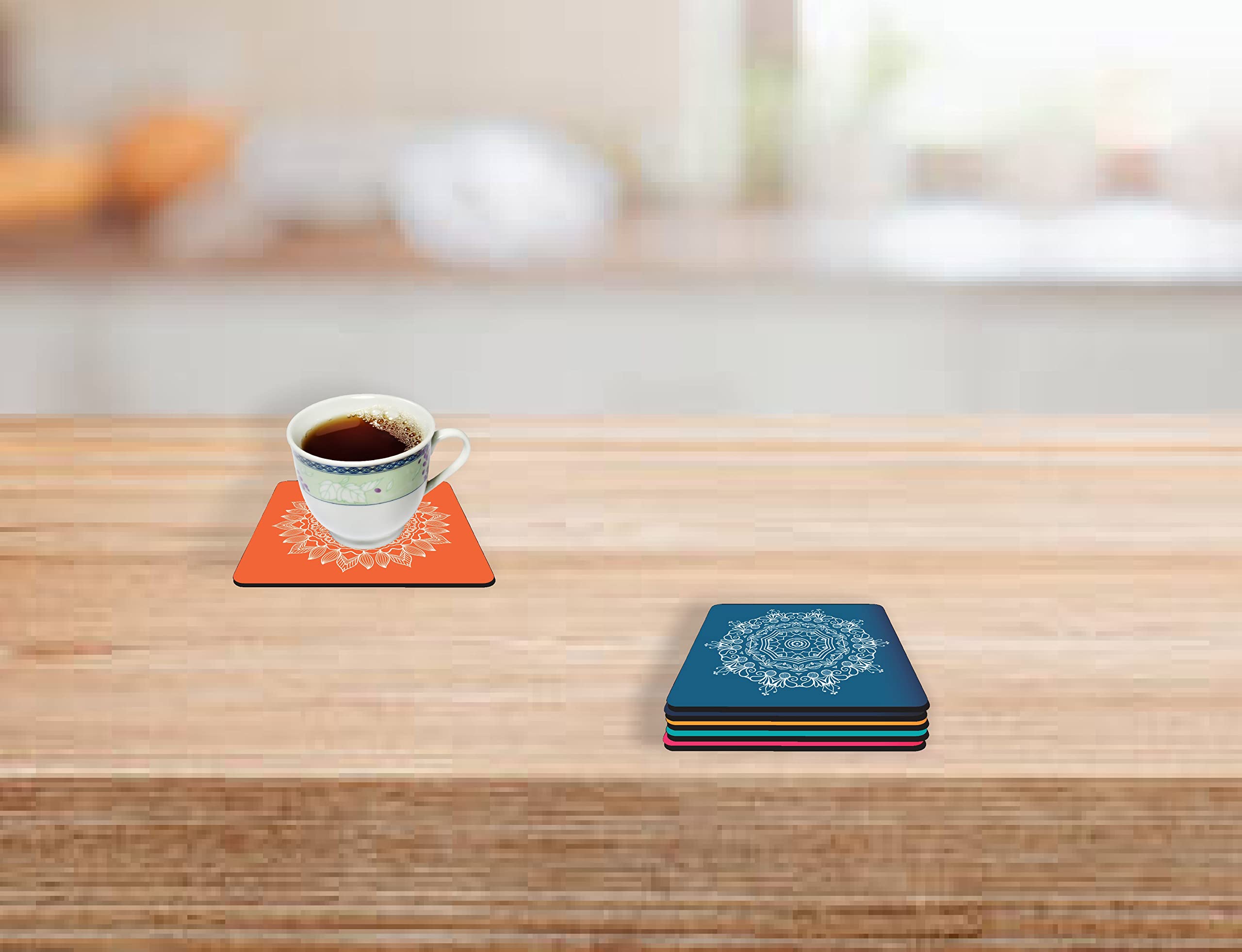 APS Art Plus Store - Set of 6 Mandala Printed Wooden Coasters for Tea, Coffee, Beer & Drinks - 3.2mm Thick MDF Square Coasters (10.16cm) - Perfect for Home, Office, Cafe & Party Decor