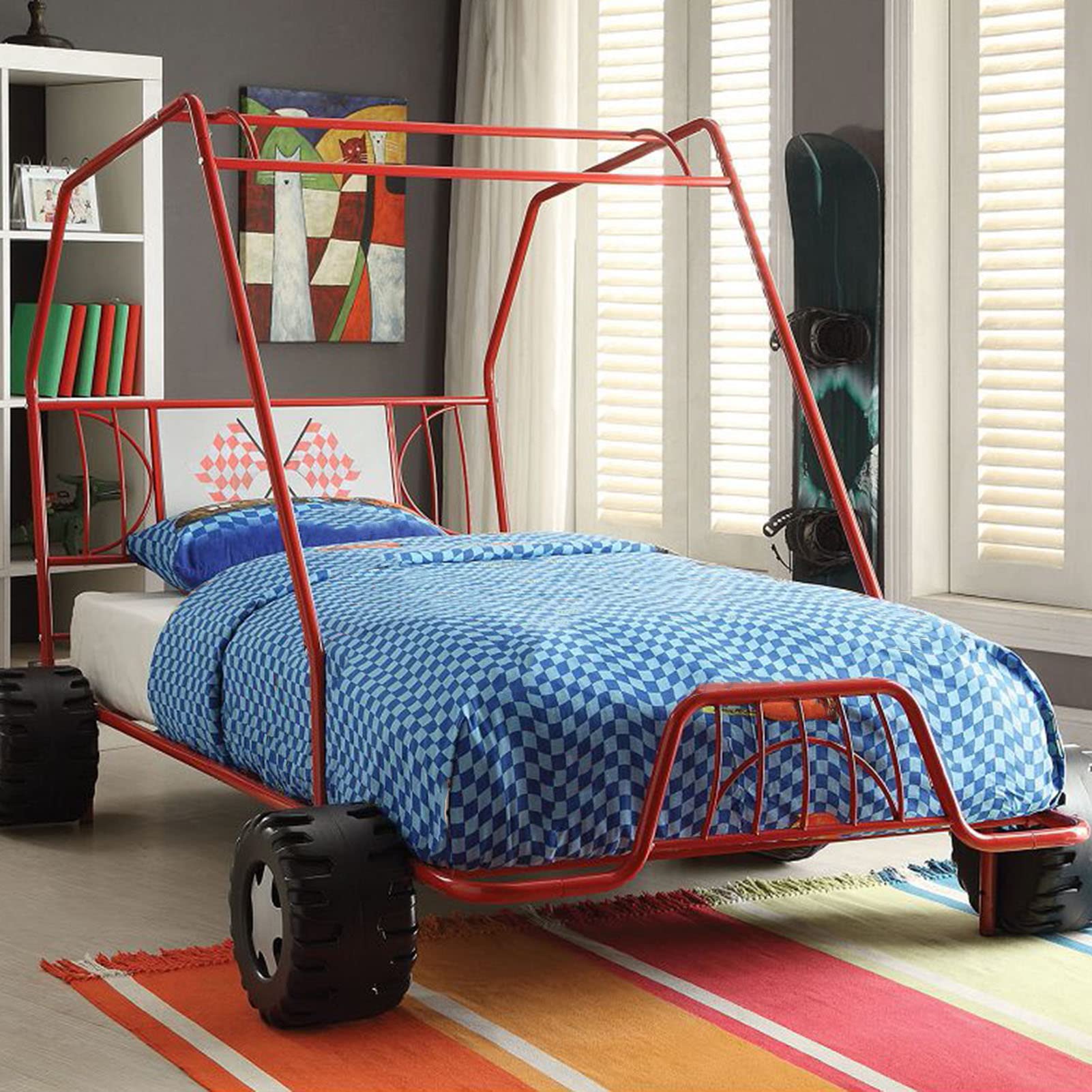 **Sturdy Metal Platform Bed Frame with Headboard - Heavy Duty Noise-Free Car Design, High Load Capacity for Home, Hotel & Guest Rooms (Red) - Perfect for Modern Bedrooms & Hospitality Spaces**