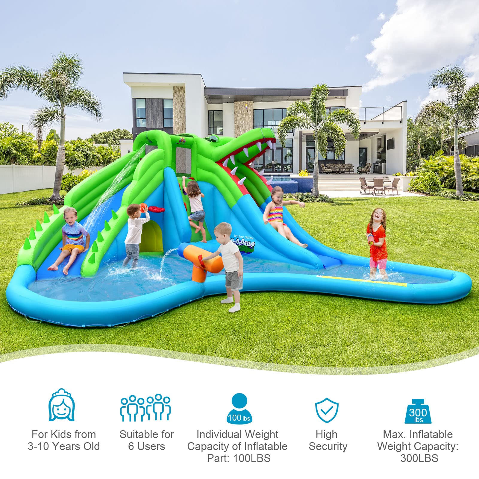 BOUNTECH 7-in-1 Inflatable Water Slide for Kids - Crocodile Mighty Water Park with Splash Pool, Climbing Wall, Water Cannon & Tunnel | Backyard Outdoor Summer Fun | Birthday Party, Family Gatherings, Poolside Entertainment (Air Blower Not Included)