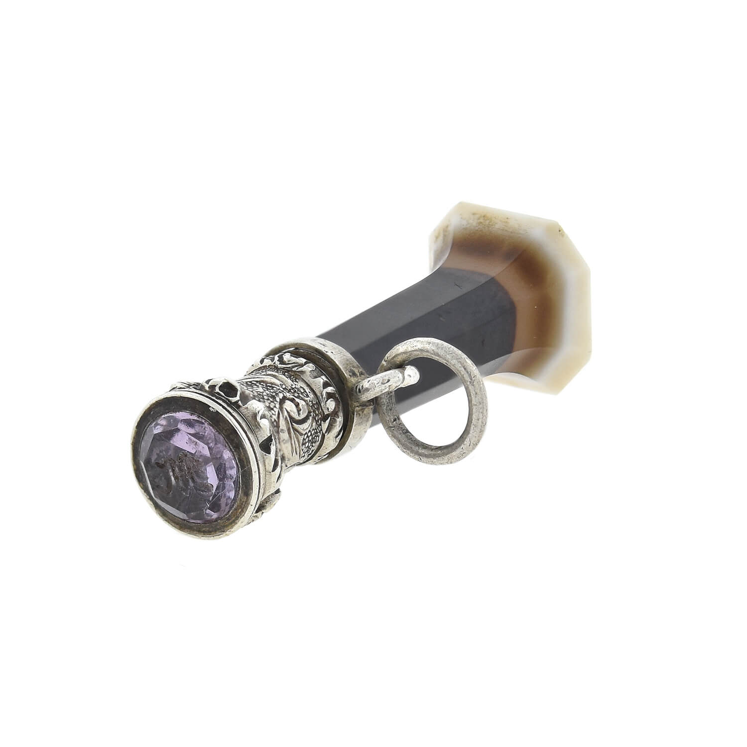 Victorian Sterling Silver Banded Agate & Amethyst Men's Pocket Watch Fob - Antique Jewelry for Collectors & Vintage Style Accessories | Perfect for Steampunk Outfits, Historical Reenactments & Gift Giving