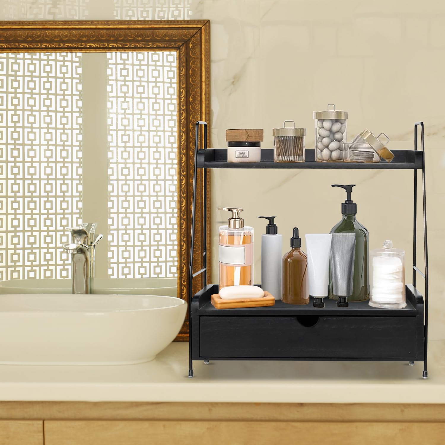 2-Tier Wooden Bathroom Countertop Organizer with Drawer - Space Saving Storage Shelf for Bathroom, Kitchen, Vanity | Perfect for Cosmetics, Toiletries & Decorative Display (Black)