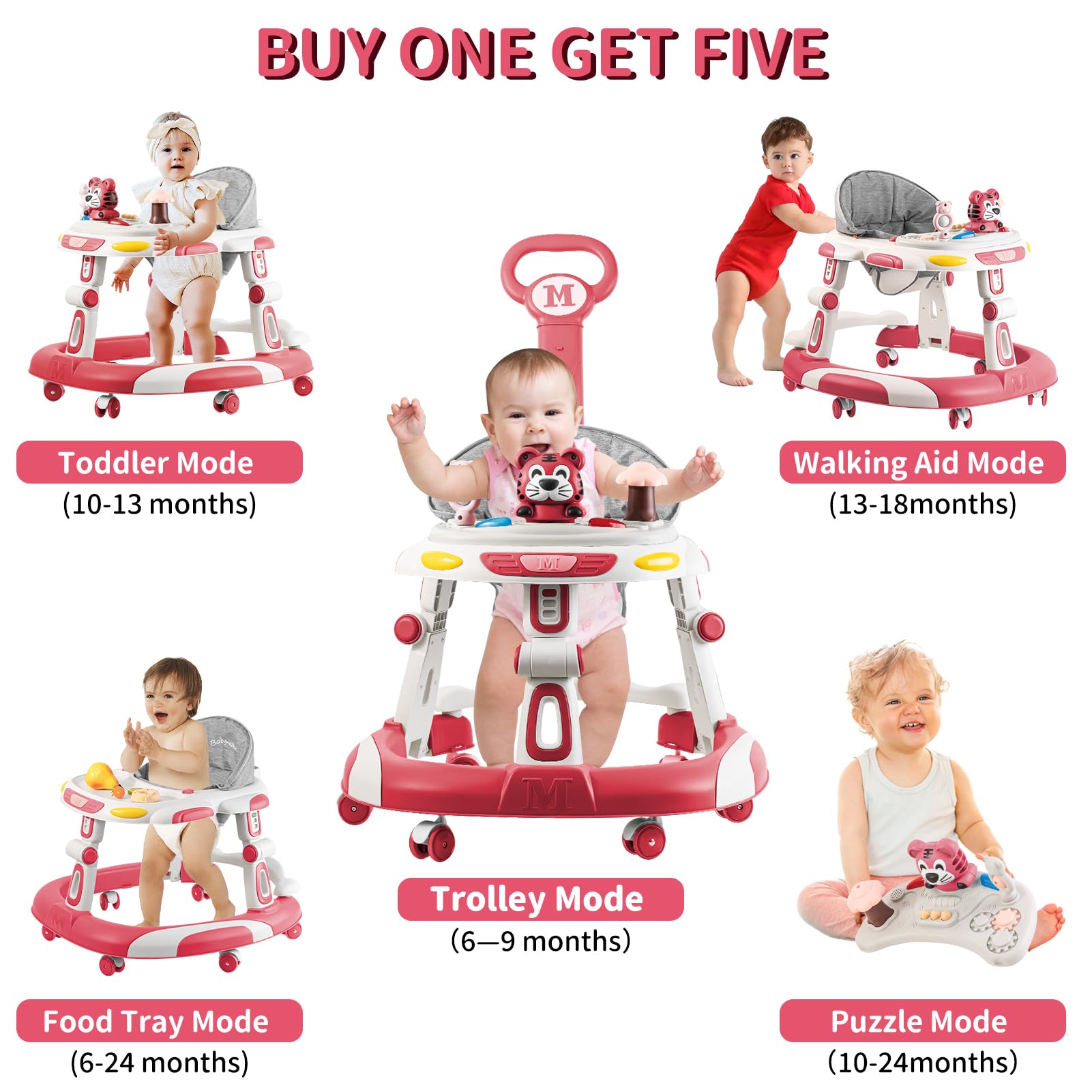 4-in-1 Foldable Baby Walker & Activity Center with Toy Tray - 3-Level Height Adjustable Infant Walker with Wheels for Boys & Girls 6-24 Months (Pink) | Perfect for Learning to Walk, Playtime & Early Development at Home