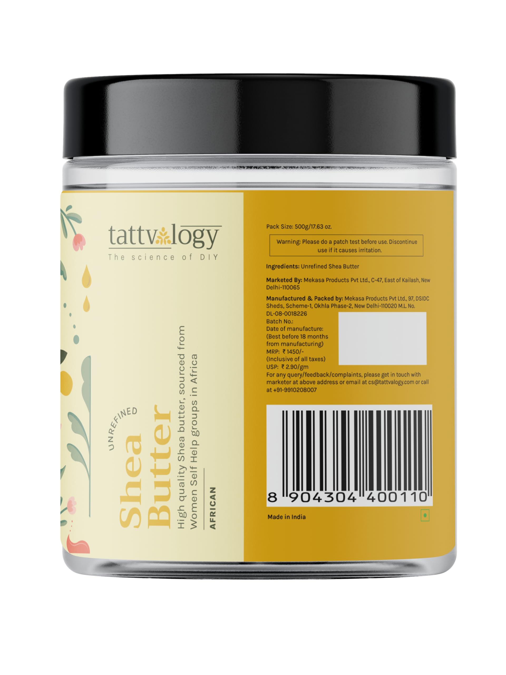 Tattvalogy Organic Raw Unrefined African Shea Butter - 17.6oz (500g) Glass Jar | All-Natural Body Moisturizer for Dry Skin, Face, Lips & Hair Care | Stretch Mark Cream for Women & Men | Perfect for Daily Skincare Routine, DIY Beauty Products & Massage Therapy