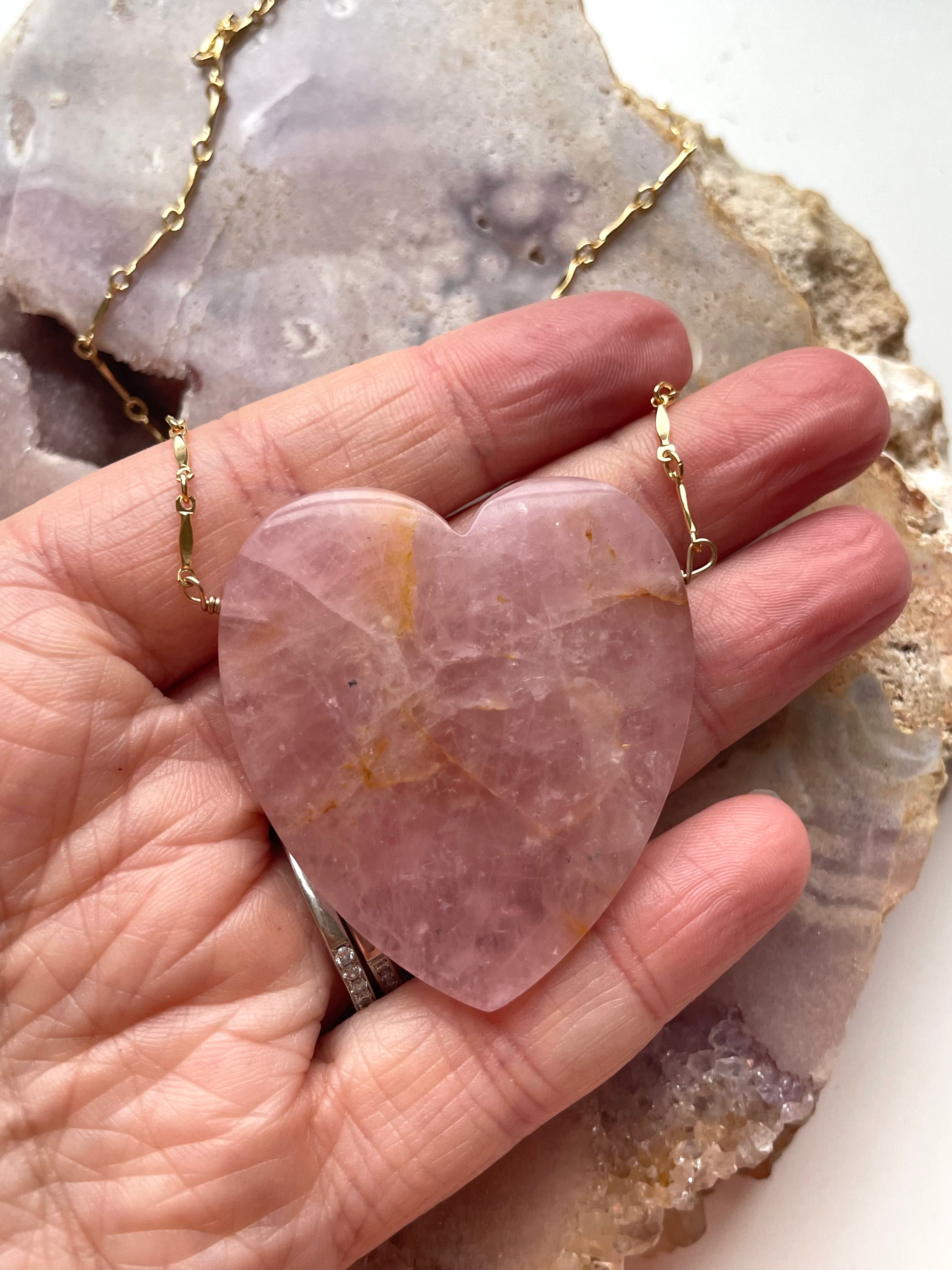 Large Rose Quartz Heart Pendant Statement Necklace - 14K Gold Filled Crystal Jewelry for Women, Gift for Her, Valentine's Day, Anniversary & Special Occasions
