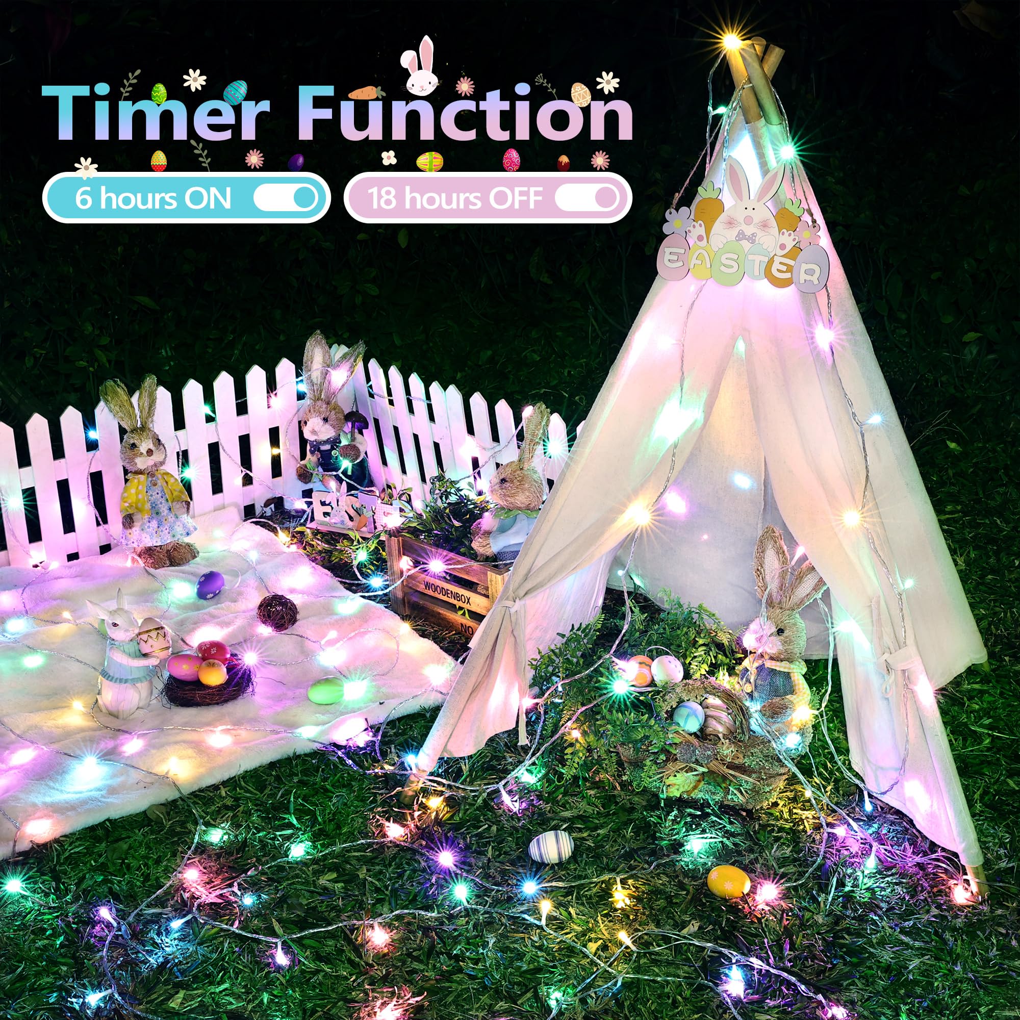 Lomotech 100 LED Easter Lights Battery Operated - 33ft Waterproof String Lights with Timer (2 Pack) for Home Decor, Garden Party, Holiday Tree Decoration | Indoor & Outdoor Christmas, Wedding, Patio Lighting
