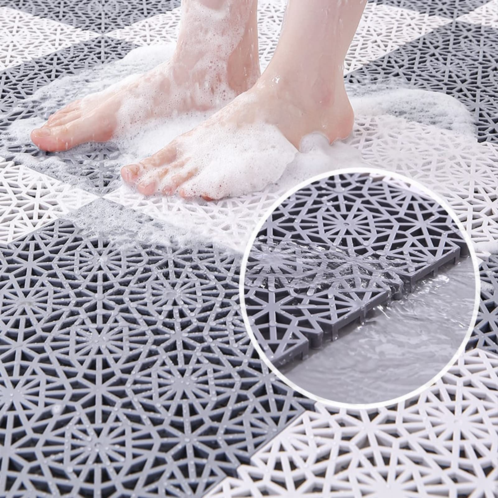 Non-Slip PVC Interlocking Floor Mat with Drain Holes - 30x30cm Bathroom & Shower Tile Mats (Grey+White, 8-Pack) - Waterproof, Easy to Clean for Bathroom, Gym, Laundry Room & Pet Areas