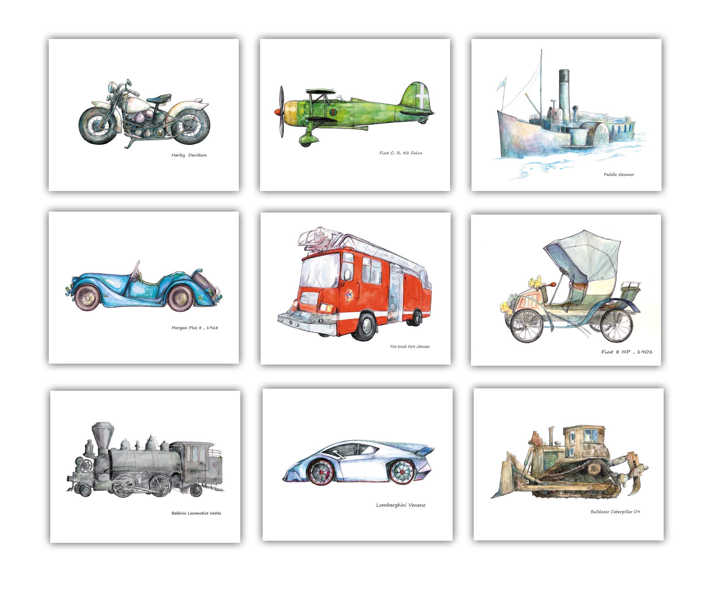 Transportation Themed Boy's Bedroom Decor Set - 9 Piece 8x10 Inch Wall Art Prints for Kids Room, Nursery, or Playroom