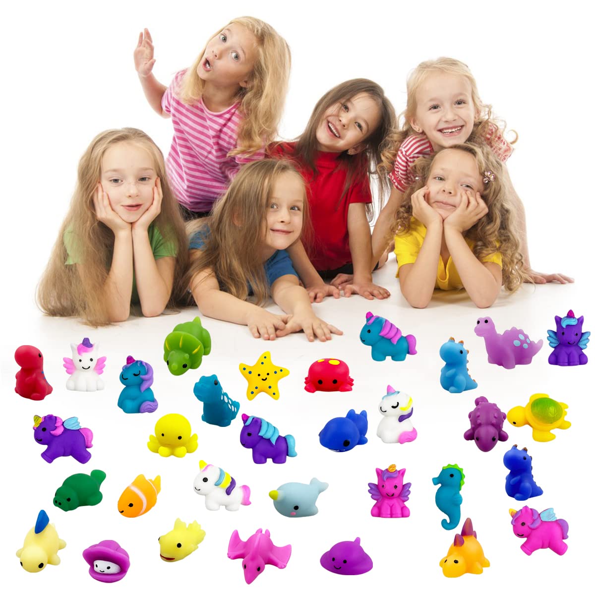 **Jofan 36 PCS Mochi Squishy Toys Set - Kawaii Dinosaur, Unicorn & Sea Animals Stress Relief Toys for Kids, Boys & Girls - Perfect for Party Favors, Birthday Gifts & Sensory Play**