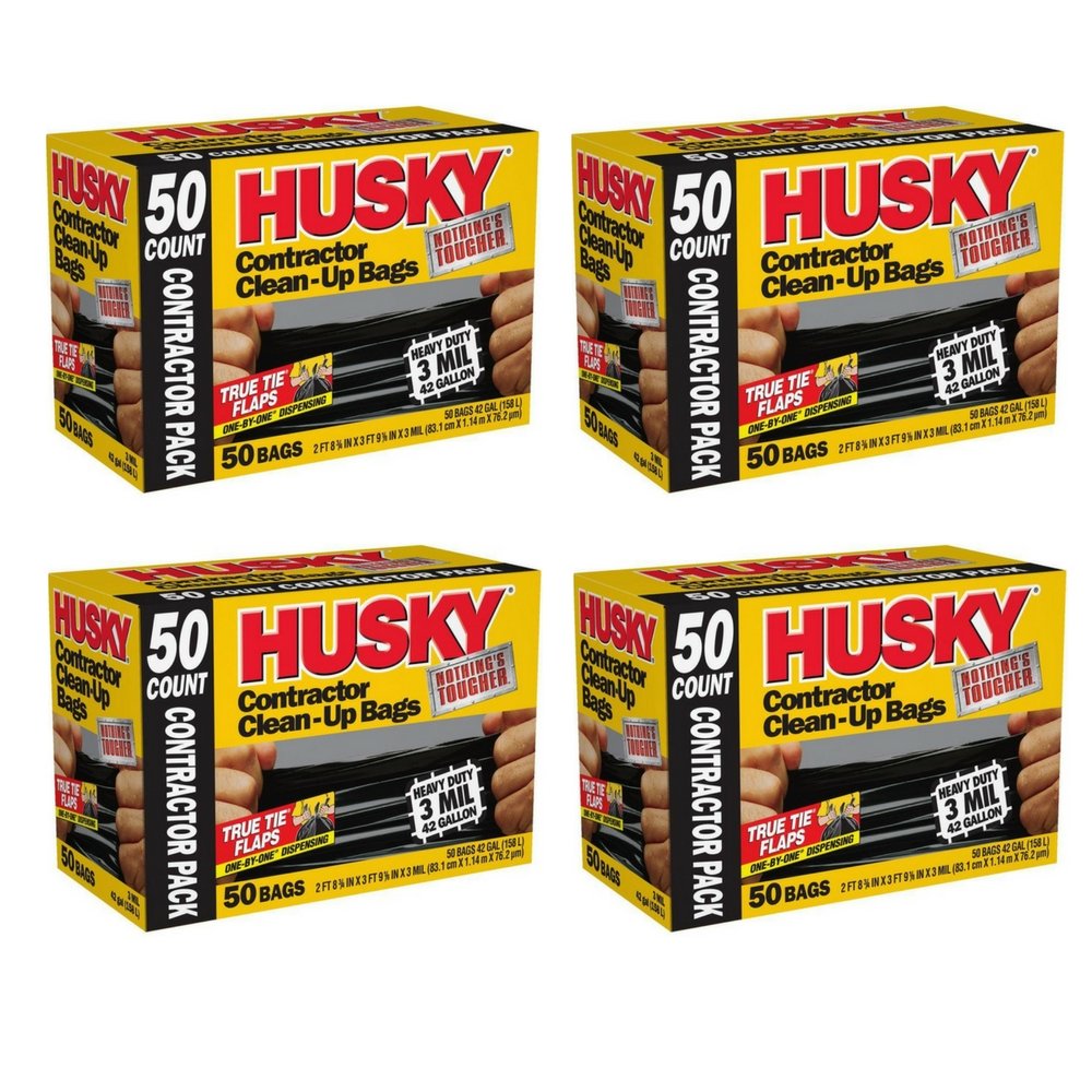 HUSKY 42 Gallon Heavy Duty Contractor Trash Bags - 50 Count (4 Pack) - Extra Thick for Construction, Renovation & Yard Waste Disposal