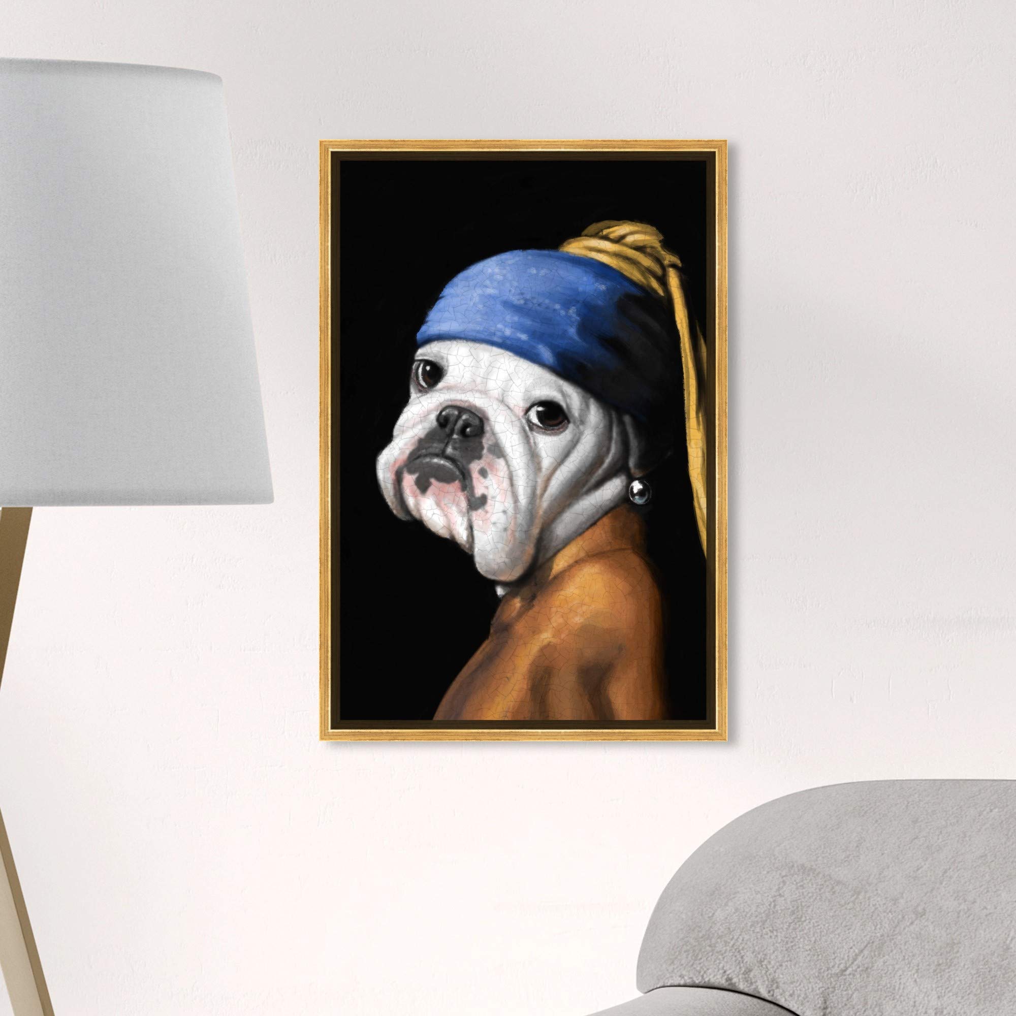Classic & Figurative Framed Wall Art Canvas Print - 'Carson Kressley Dog with The Pearl Earring' Painting - Home Decor for Living Room, Bedroom & Office