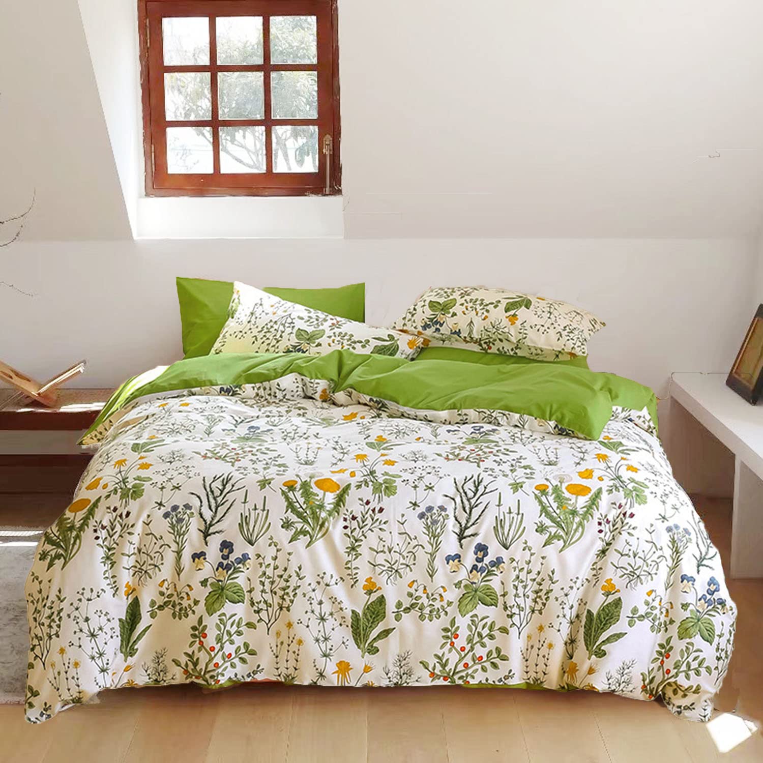 Luxlovery Full Size Botanical Comforter Set - Sage Green & White Bohemian Cotton Quilt with Yellow Floral Design | Perfect for Bedroom Decor, Guest Room, Dorm & Bohemian Style Home