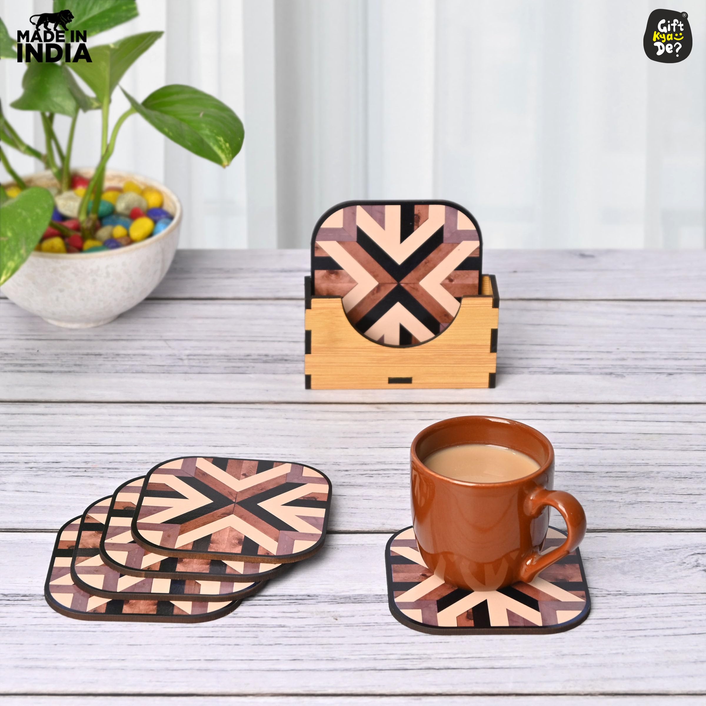 GKD Set of 6 Chevron Pattern Wooden Coasters - 3.8 x 3.8 Inch Square Drink Coasters for Coffee, Tea & Glasses - Eco-Friendly Home Decor for Dining Table, Office Desk & Kitchen Counter