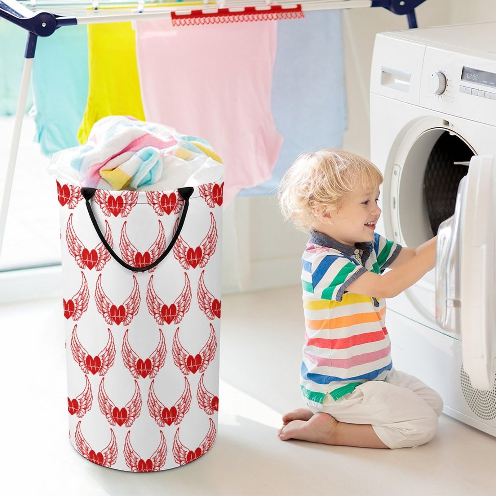 Collapsible Laundry Basket with Handle - Heartbeat Wings Foldable Clothes Hamper for Bedroom, Bathroom & Dorm | Portable Dirty Clothes Storage for Travel & Camping