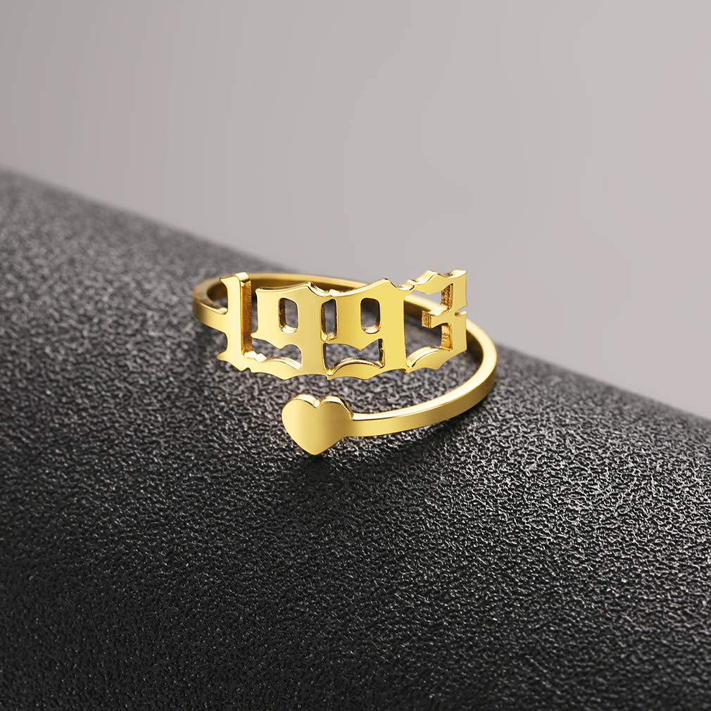 SKQIR Adjustable Initial & Birth Year Open Ring for Women - Gold/Silver Stainless Steel Promise, Engagement & Wedding Band - Delicate Jewelry Gift for Girlfriend, Wife, Anniversary - Perfect for Everyday Wear, Date Nights & Special Occasions