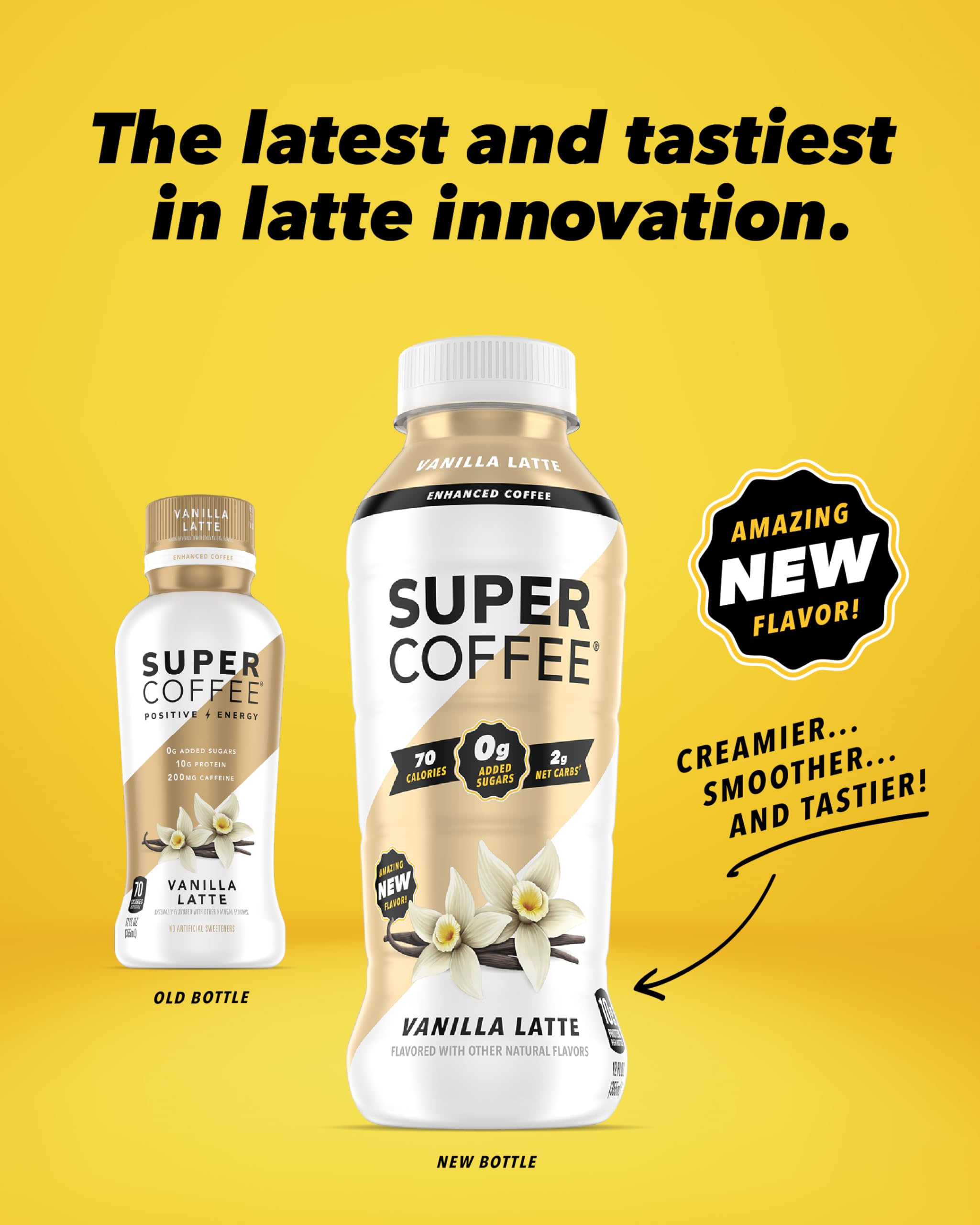 Super Coffee Ready To Drink Iced Coffee - Vanilla Latte (12oz Bottles, Pack of 12) | Low Carb, Sugar Free, Keto Friendly Protein Coffee with 10g Protein & Low Calories | Perfect for Breakfast, Office Snack or Post-Workout Energy Boost