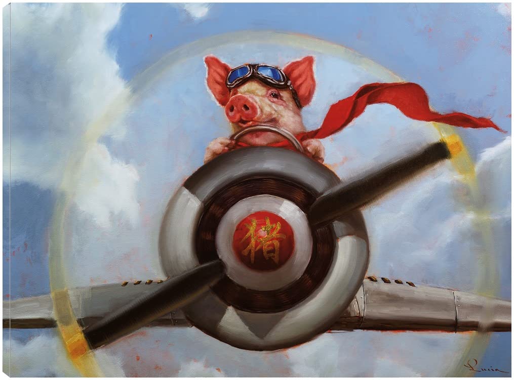 When Pigs Fly Canvas Wall Art by Lucia Heffernan - 46x35 Inch Ready-to-Hang Fine Art Painting for Living Room, Bedroom, Office Decor - Whimsical Animal Artwork Perfect for Home, Bar & Dining Room Wall Decor