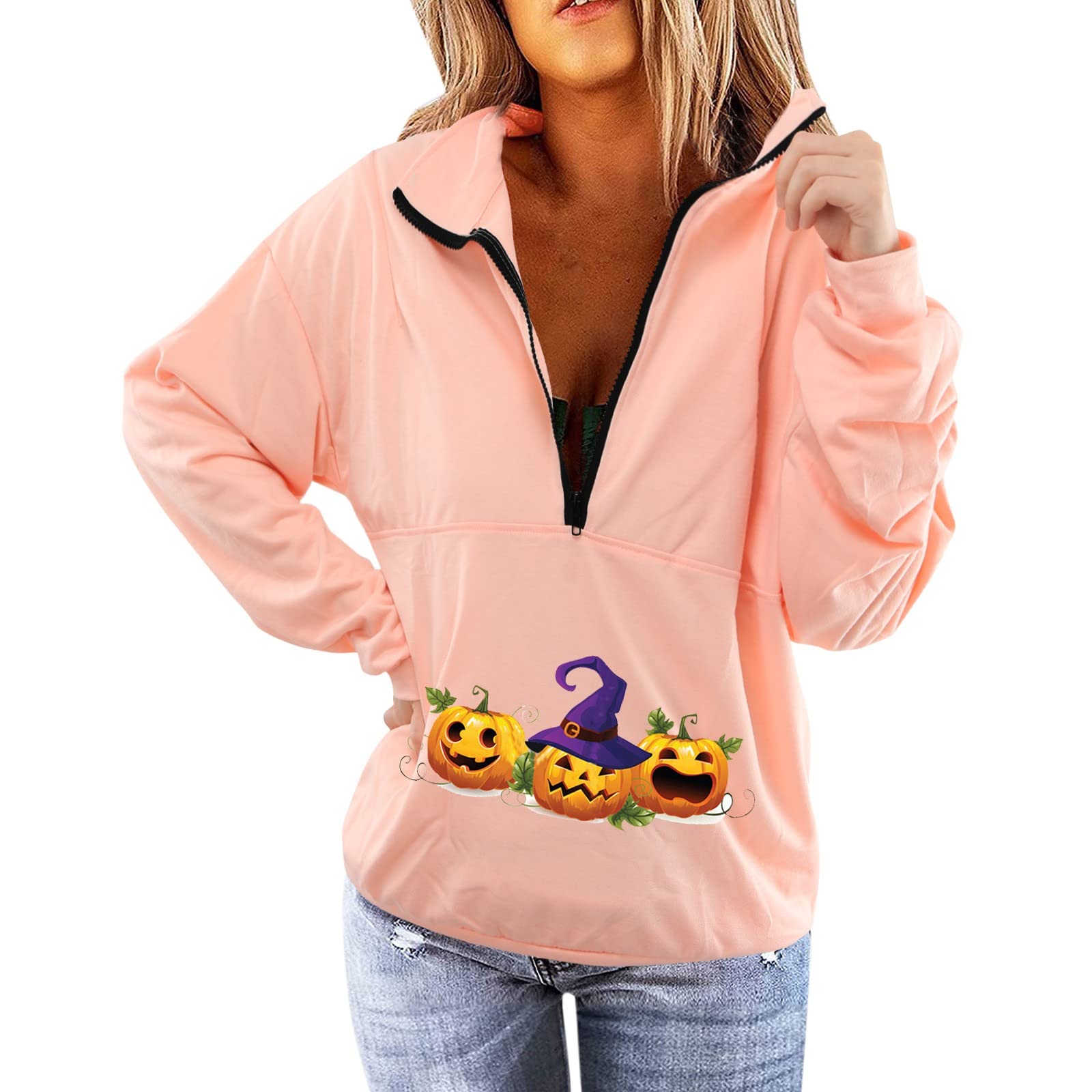Holzkary Women's Fashion Stand Collar Half Zip Long Sleeve Thin Sweatshirt - Distressed Halloween Pullover for Casual Wear & Fall Outfits