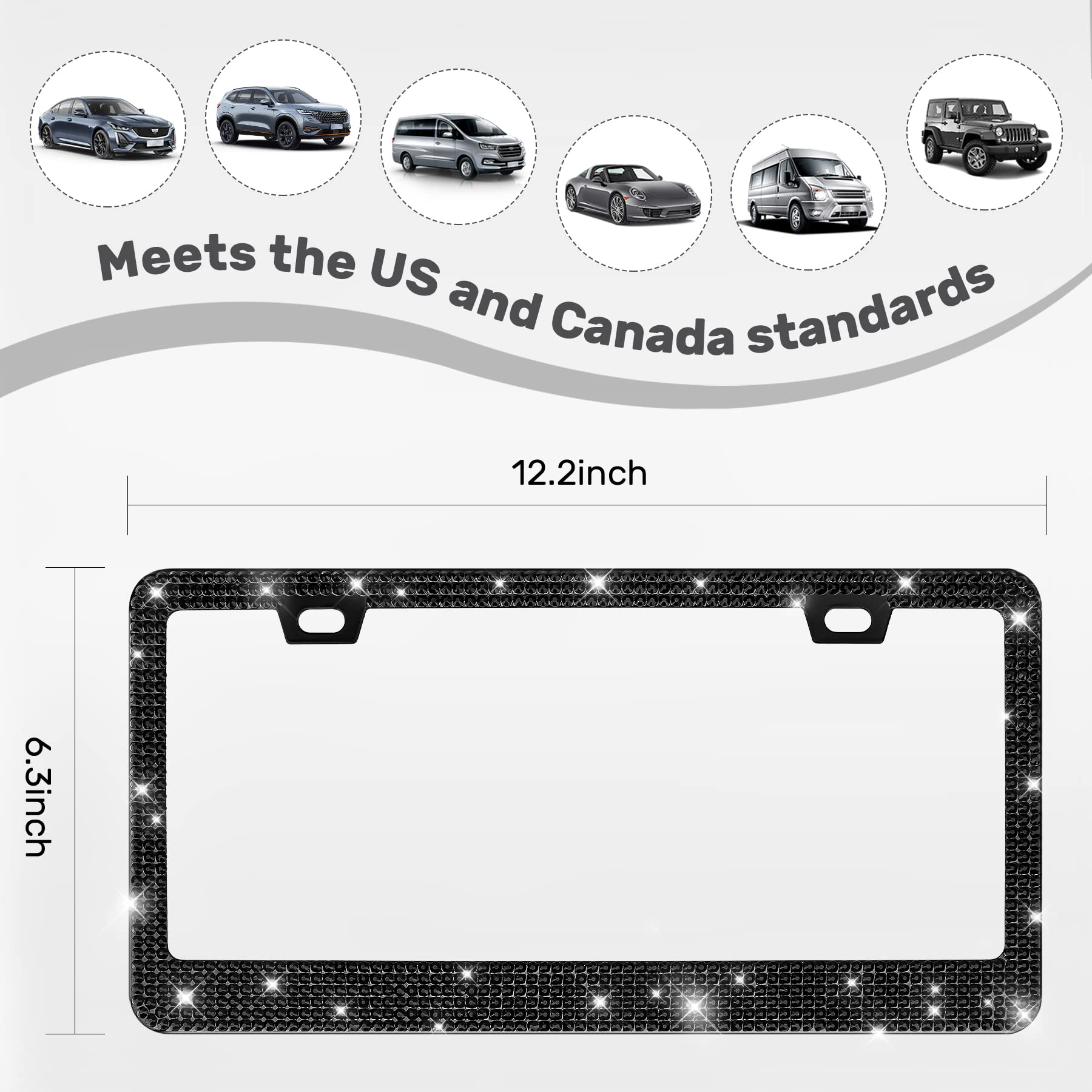 2 Pack Bling Rhinestone License Plate Frames - Sparkly Diamond Car Plate Covers for Women, Stainless Steel Glitter Crystal Accessories (Black) - Perfect for Cars, SUVs & Personalized Gifts