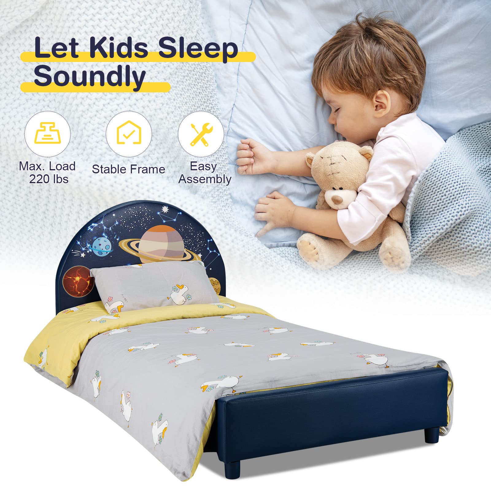 Honey Joy Twin Size Wooden Bed Frame for Kids with Headboard & Slat Support - No Box Spring Needed - Sturdy Toddler Bed for Boys & Girls - Fits Standard Twin Mattress - Perfect for Bedrooms, Playrooms & Guest Rooms