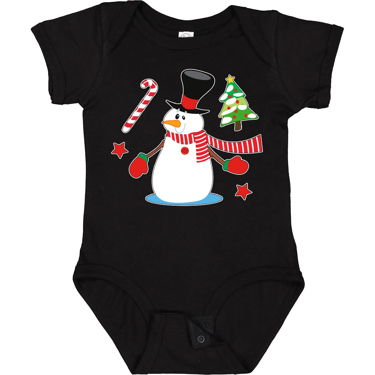 Inktastic Top Hat Snowman with Christmas Tree & Candy Cane Baby Bodysuit - Cute Holiday Outfit for Christmas Photos & Family Gatherings