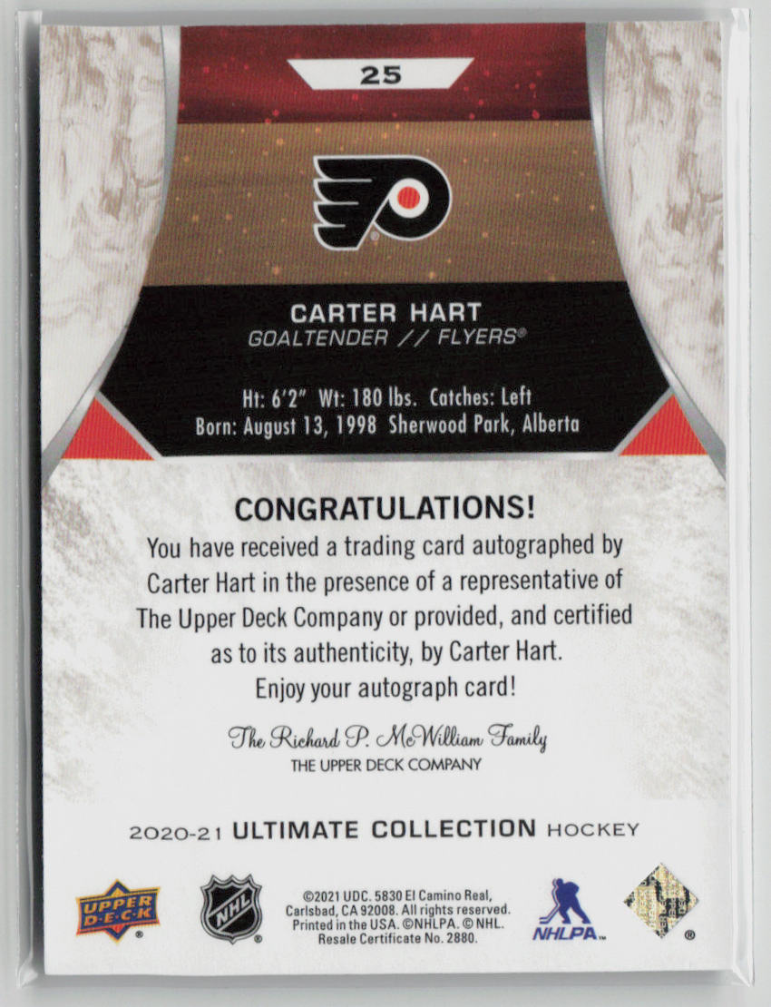 2020-21 Upper Deck Ultimate Collection Carter Hart Autograph Hockey Card #25/15 - Rare Signed Memorabilia for NHL Fans & Collectors - Perfect for Display, Trading, and Investment