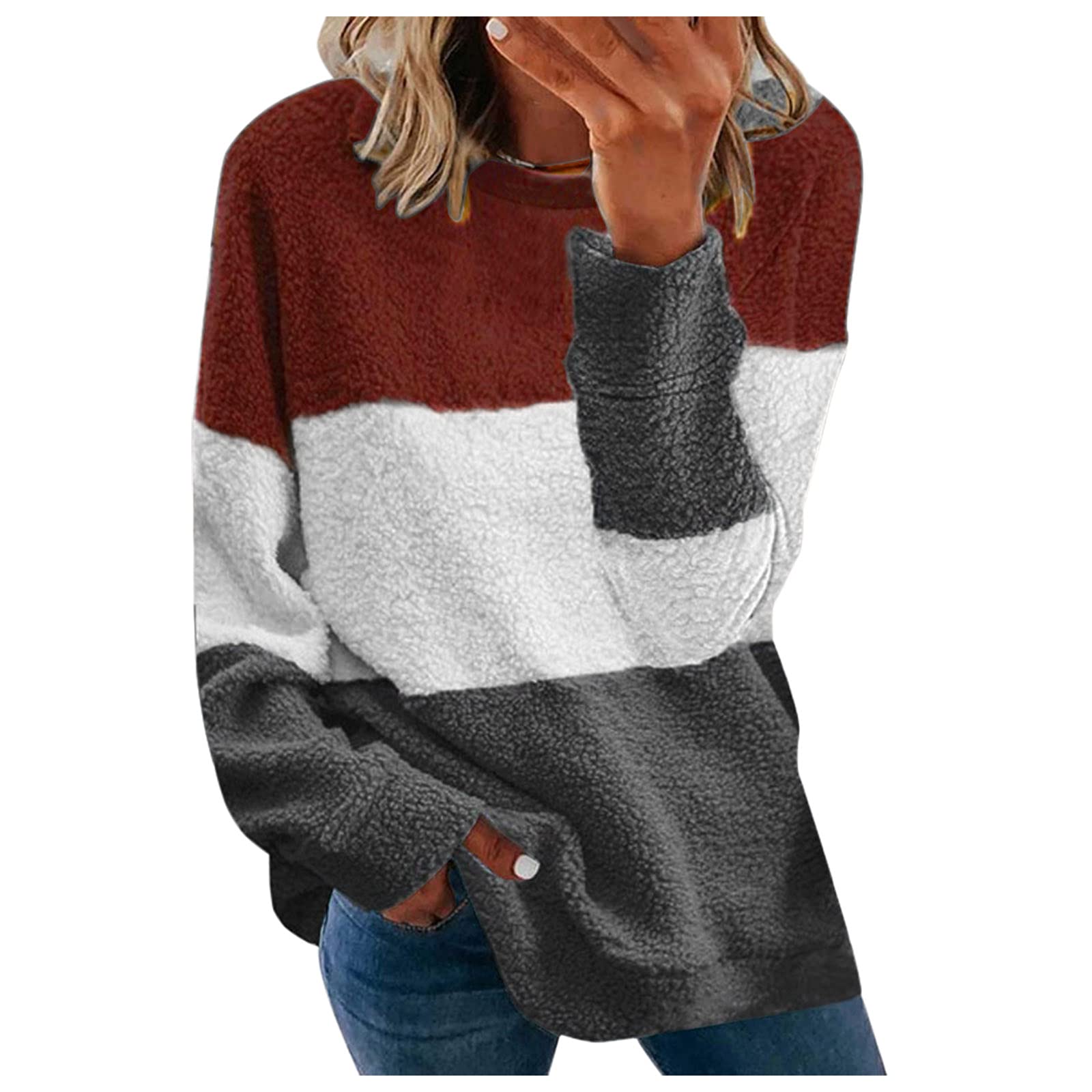 Women's Petite Plush Long Sleeve Round Neck Loose Hoodie & Sweatshirt - Fashion Splicing Design for Casual Wear, Lounge & Outdoor Activities
