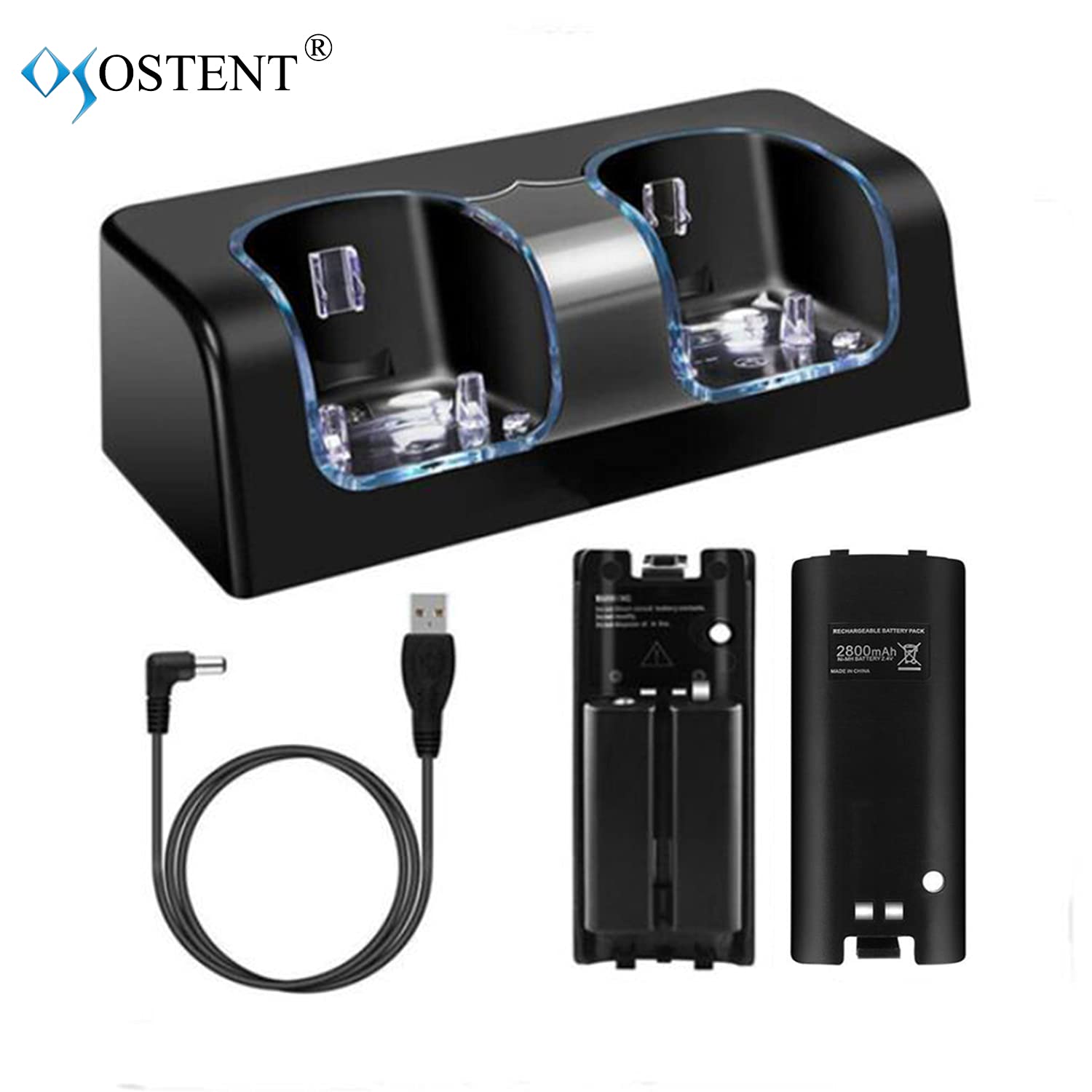 OSTENT Nintendo Wii Remote Controller Charger Dock Station with 2 Rechargeable Battery Packs - Black | Wireless Charging Solution for Wii Gaming Accessories | Perfect for Family Game Nights & Multiplayer Sessions