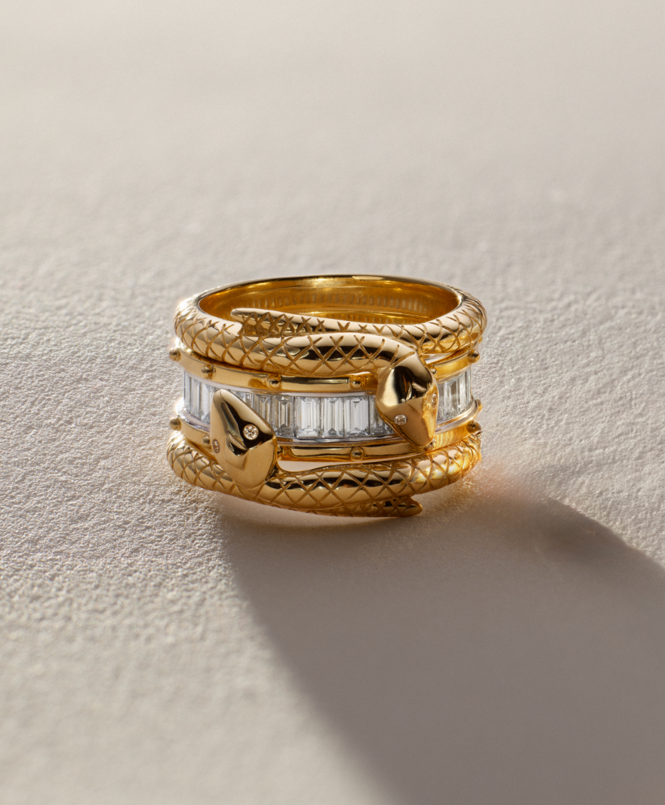 Lovestruck Pierced & Snake Bookend Ring Stack in Yellow Gold with Baguette Diamonds | Elegant Stackable Rings for Women | Perfect for Valentine's Day Gifts, Anniversary Presents & Everyday Jewelry